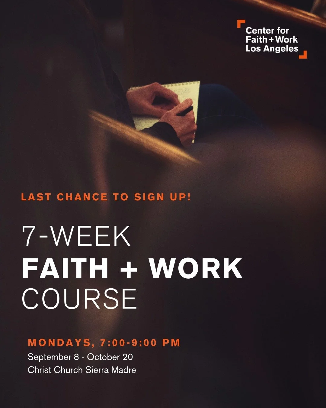 🚨 Last chance to register! 🚨

Our 7-Week Faith + Work Course kicks off this Monday, and spots are almost gone.

Are you longing for deeper meaning in your work? Over 7 sessions, you&rsquo;ll discover how the gospel transforms our daily work through