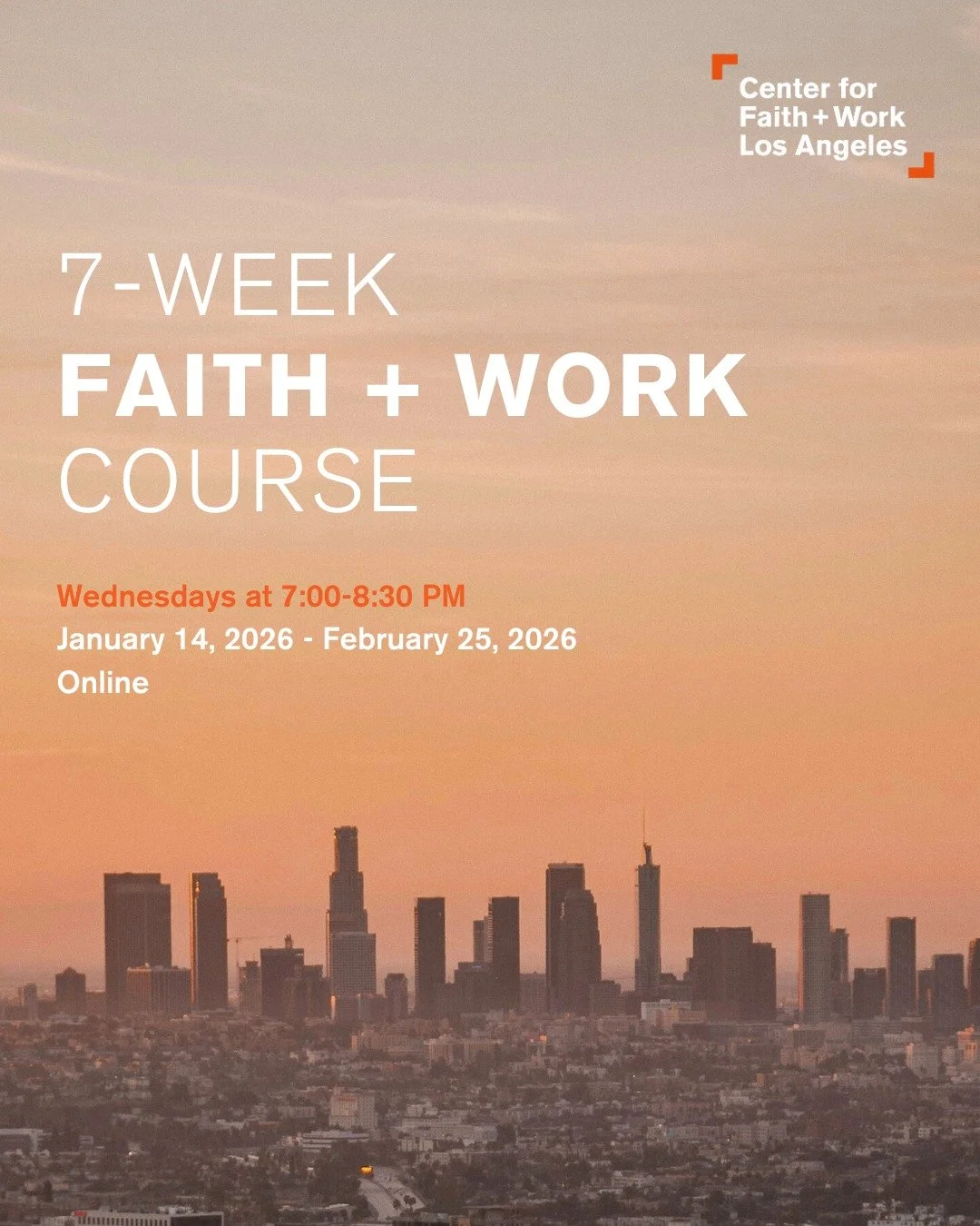 📣 The ONLINE Winter 7-Week Faith + Work Course kicks off the new year beginning Wednesday, Jan. 14!

Over 7 consecutive Wednesday evenings, you'll explore what Scripture says about work, purpose, and calling, all in the context of rich community.

T