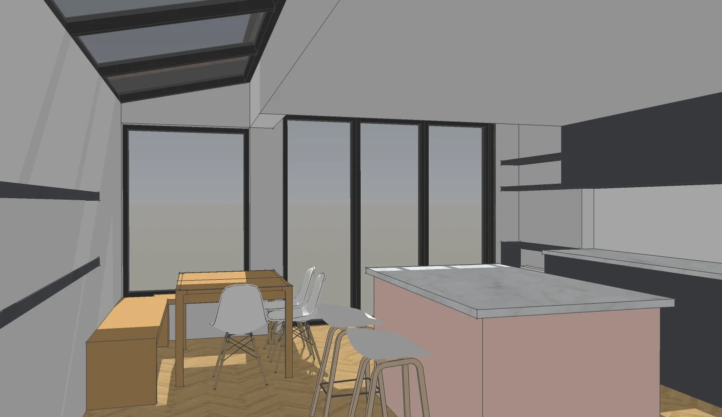 Sketch view of kitchen and dining area