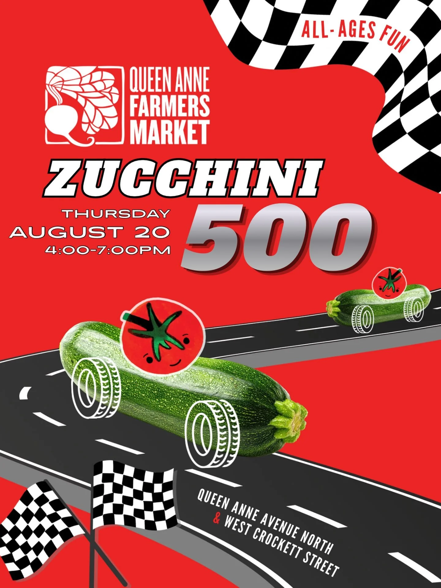 Save-the-Date for some free family fun!! 

Next week, Queen Anne Farmers Market is hosting our inaugural Zucchini 500!  Kids of all ages can trick out these oblong veggies (grown by @alvarezorganicfarms) and turn them into race cars down our special 