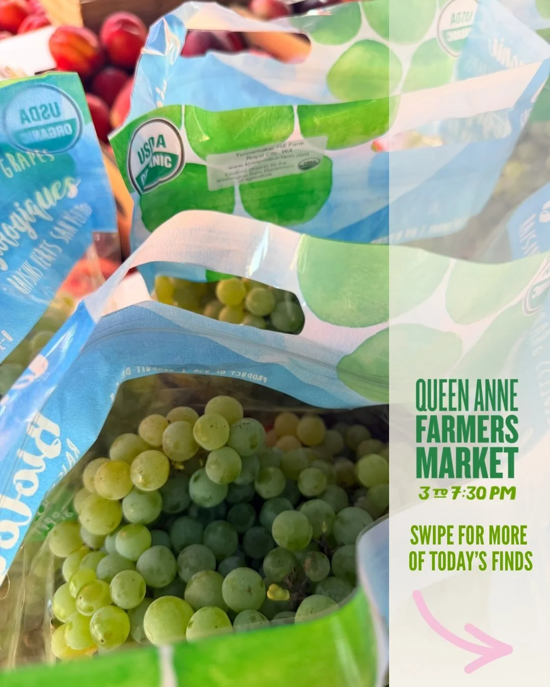 What's waiting for your market basket? Take a sneak peek at all the abundance at Queen Anne Farmers Market! Open until 7:30pm today! 

💚Interlaken grapes @tonnemakervalleyfarm 
💚Italian frying peppers @wrightbrothersfarm 
💚Meyer lemon cookie (@blu