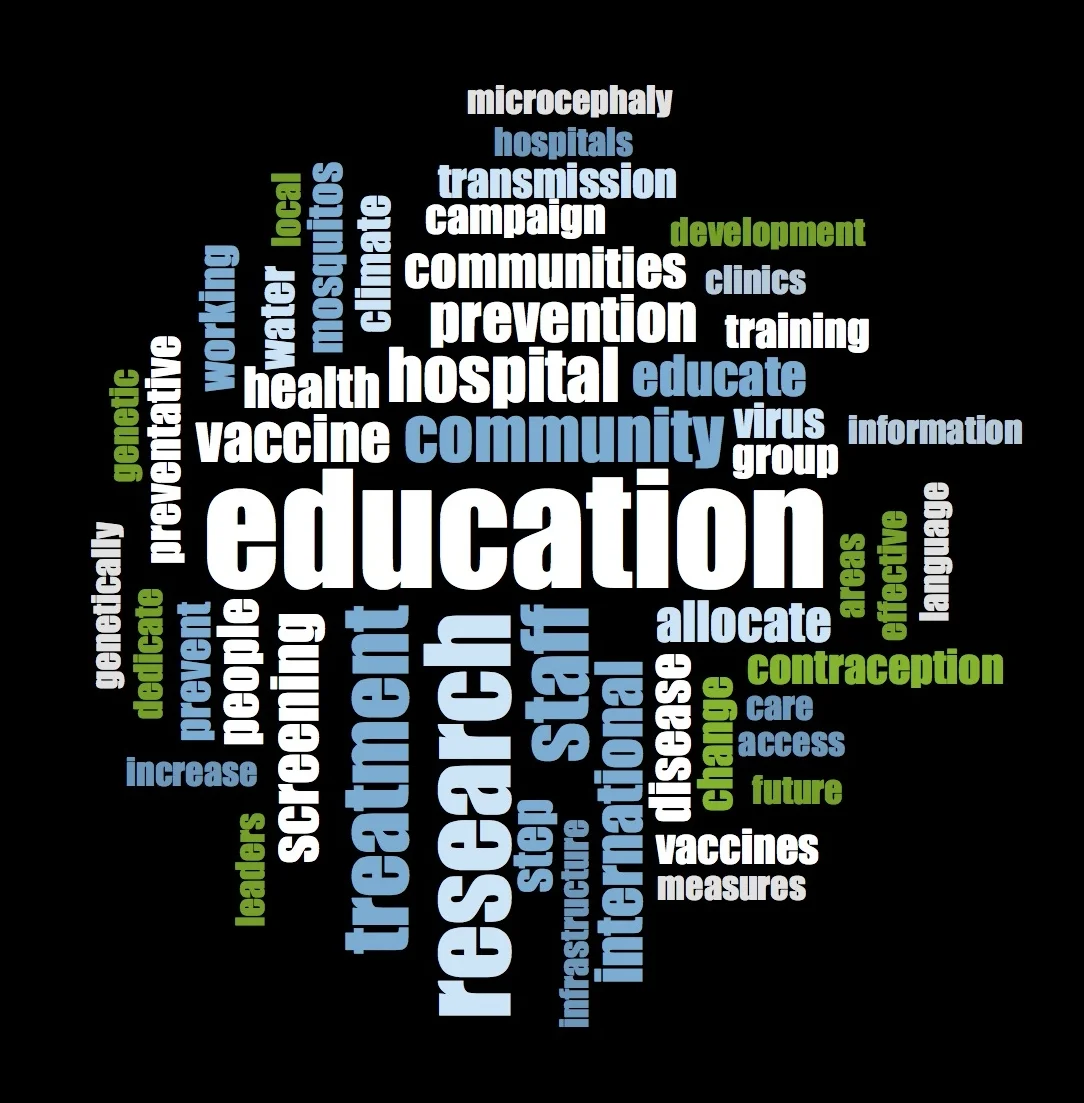 Word cloud highlighting policy solution themes across nine team proposals to combat a Zika outbreak. Students were required to research and take on the roles of major stakeholders affected by the Zika virus and work in teams of 9-10 to develop an action plan to address the outbreak. I developed this icebreaker activity for an 88-student undergraduate course that I designed and led for the Nicholas School of the Environment, entitled “Integrating Environmental Science & Policy” with support from Duke University’s Bass Instructional Fellowship Program .