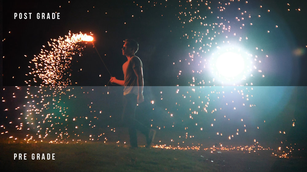 color grading split showing steel wool fire sparkler in music video
