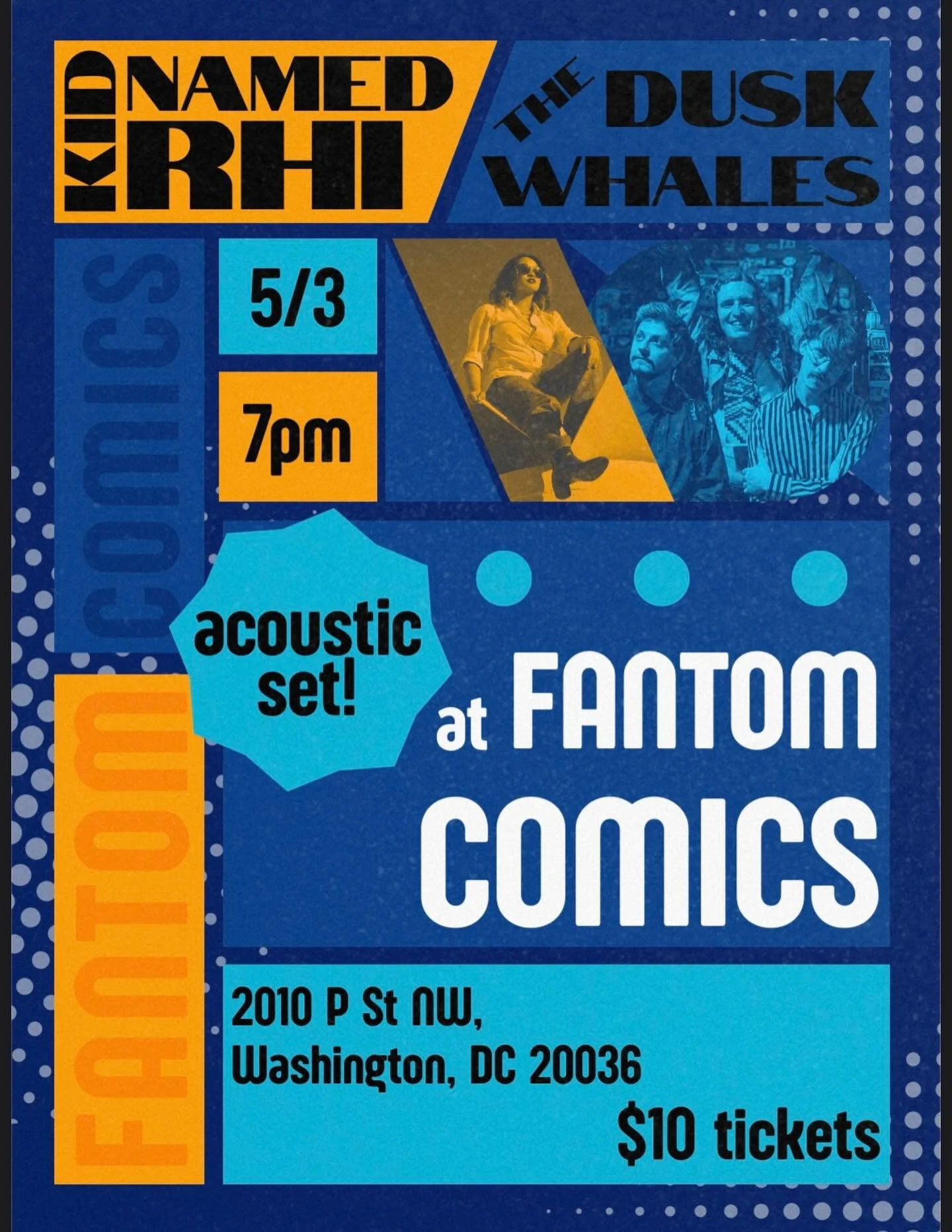 Our next show is May 3 @fantomcomics w/ @kid.named.rhi 🧡💙 music starts at 7pm!