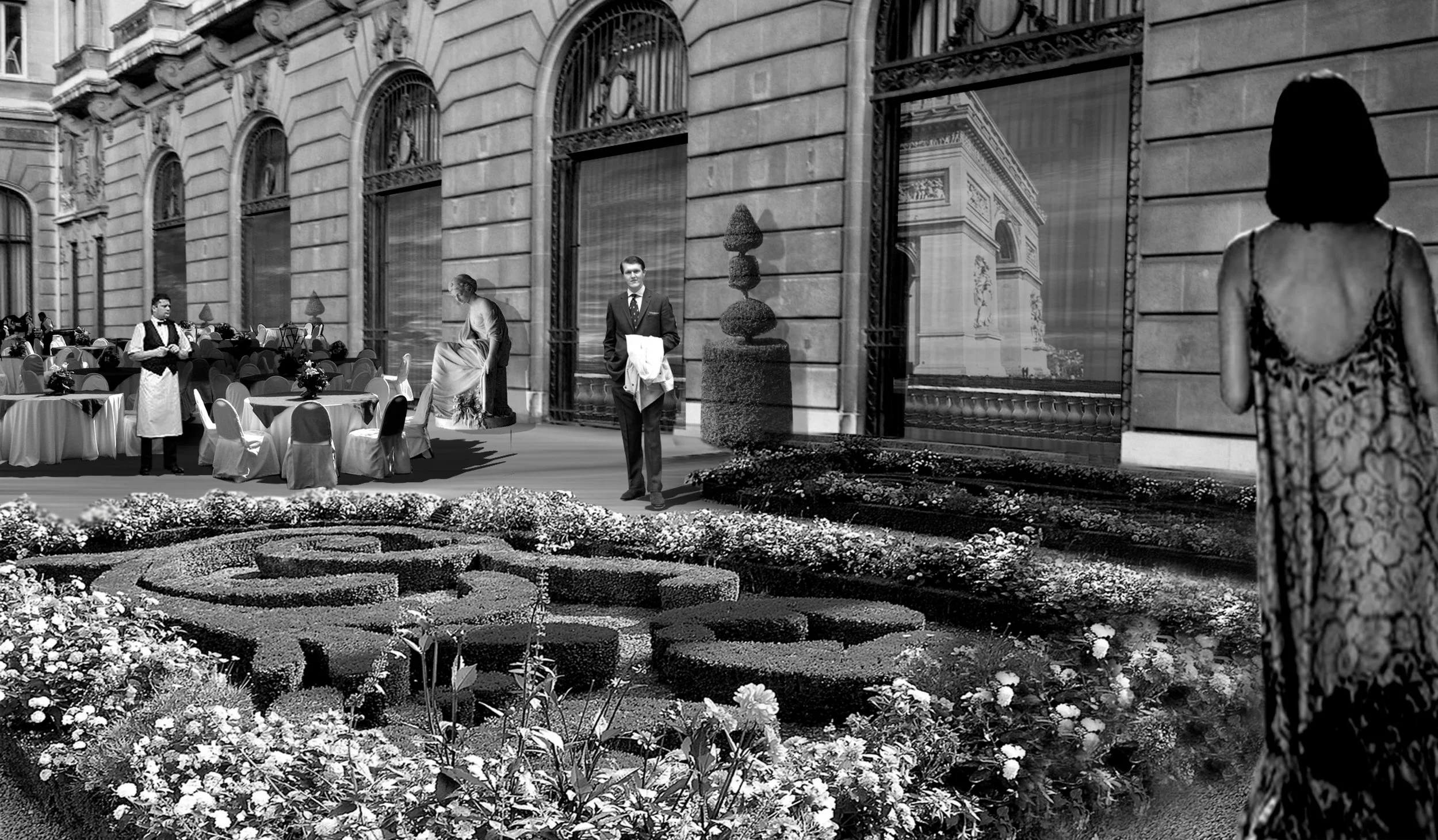 Photoshop Collage of Formal Garden Courtyard Event Space, by Jennifer di Leonardi