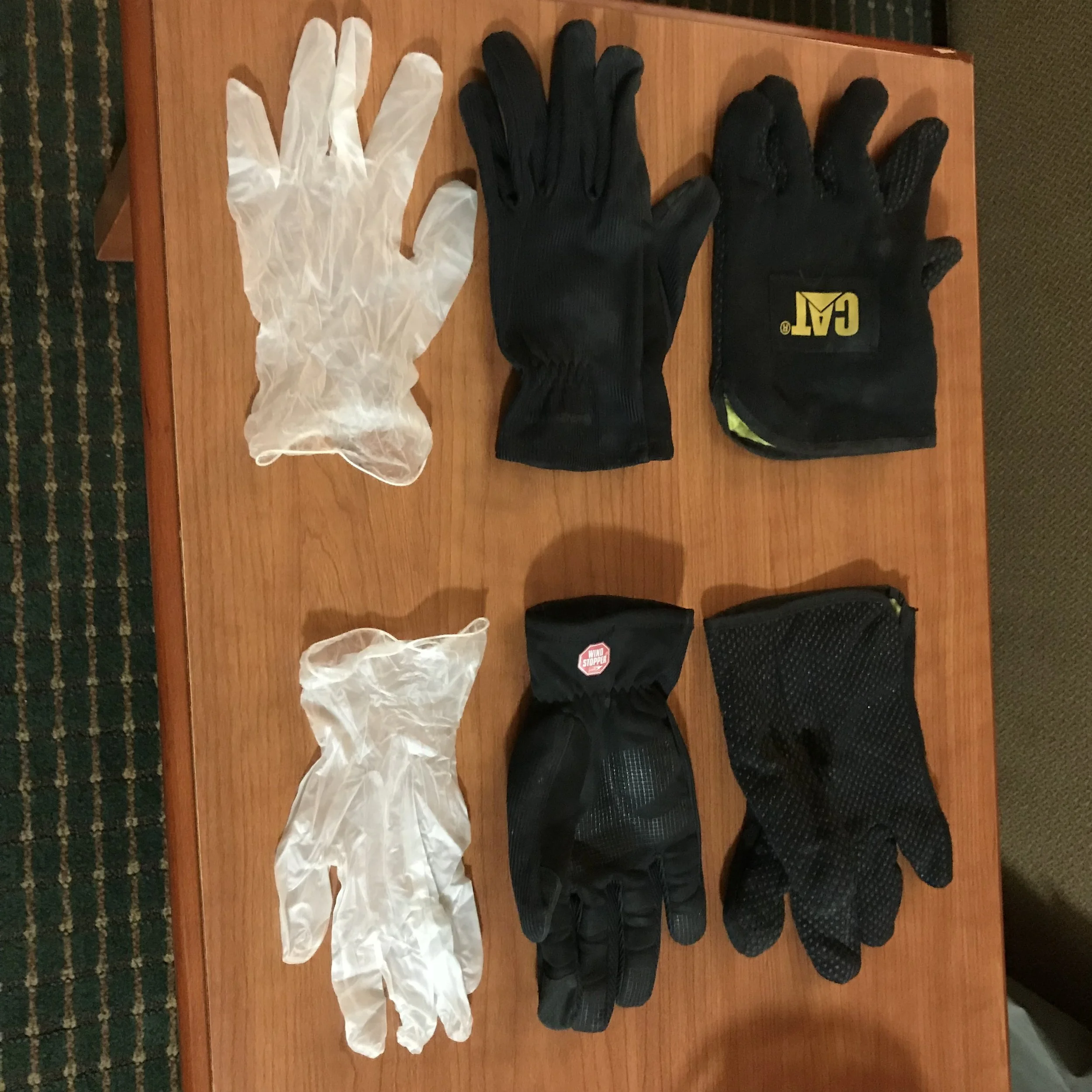 The winning layers. Plastic gloves, wind shell and a set of dope CAT fleece lined mitts.