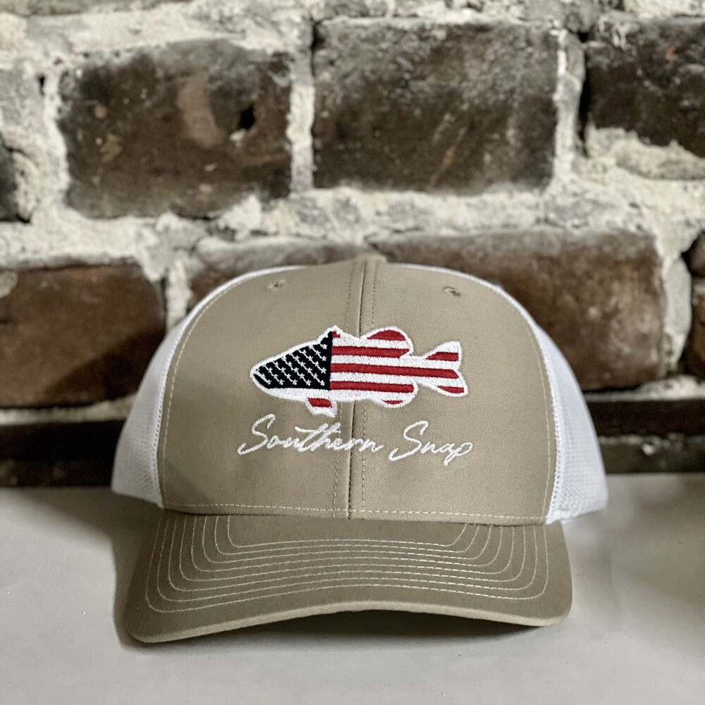 USA Flag Largemouth Bass Trucker Hat ( 5 Hat Colors ) — Southern Snap Co.