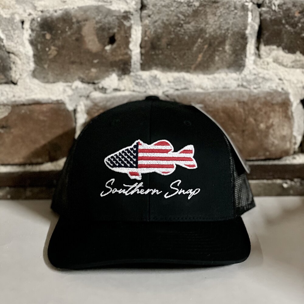USA Flag Largemouth Bass Trucker Hat ( 5 Hat Colors ) — Southern Snap Co.