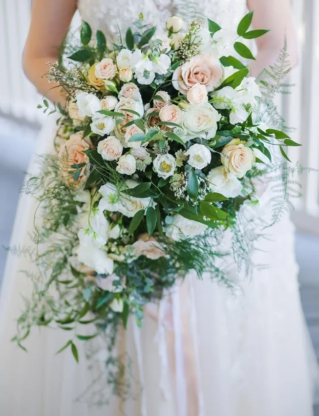 A soft romantic cascading bouquet