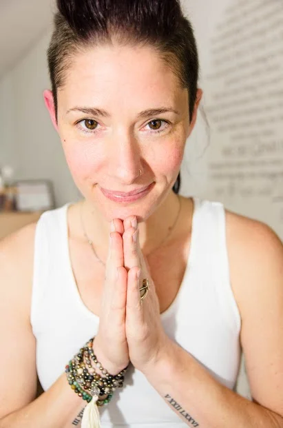 Mindy after a yoga class, Namaste.