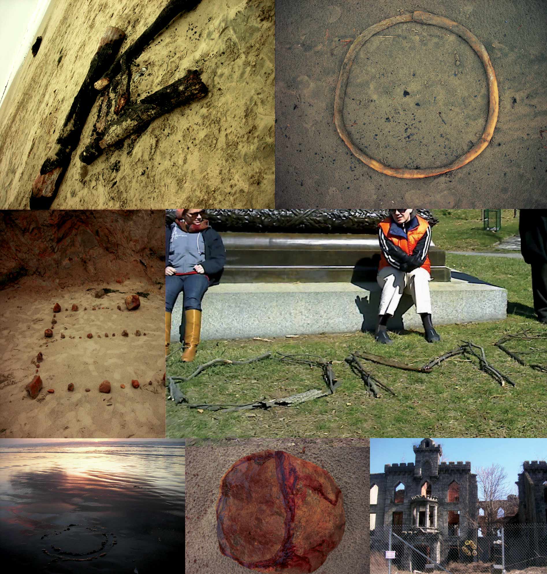 Nye Beach, Oregon: burnt logs, seaweed whip, stones, sand. Greenwood Cemetery, Brooklyn: dead branches. Smallpox asylum on Roosevelt Island, New York City: Detritus on fence bordering ruins.