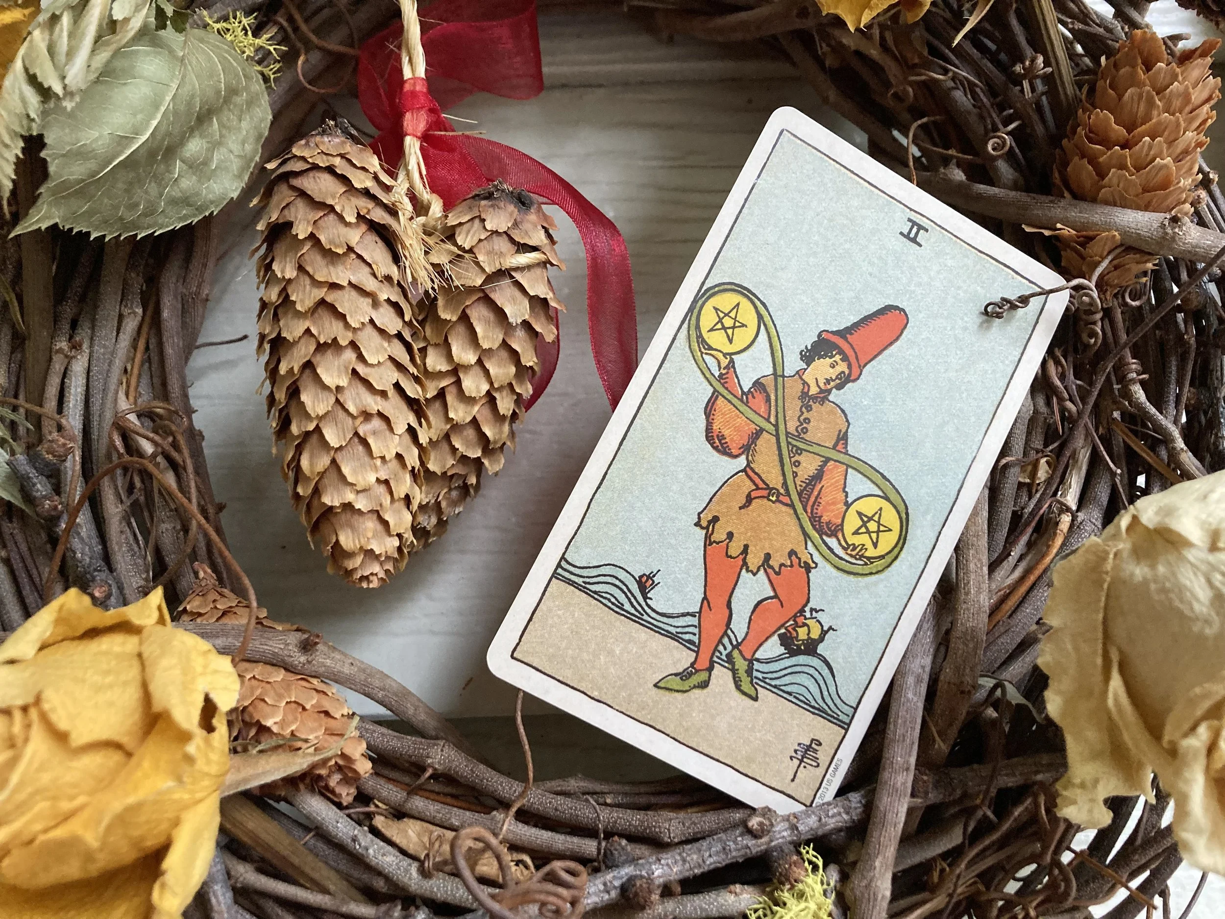 Juggling dancer wearing red hat balances two coins, discs, or pentacles (golden), with ships and ocean in the background. Tarot card is photographed with dried roses, vines, and spruce cones.