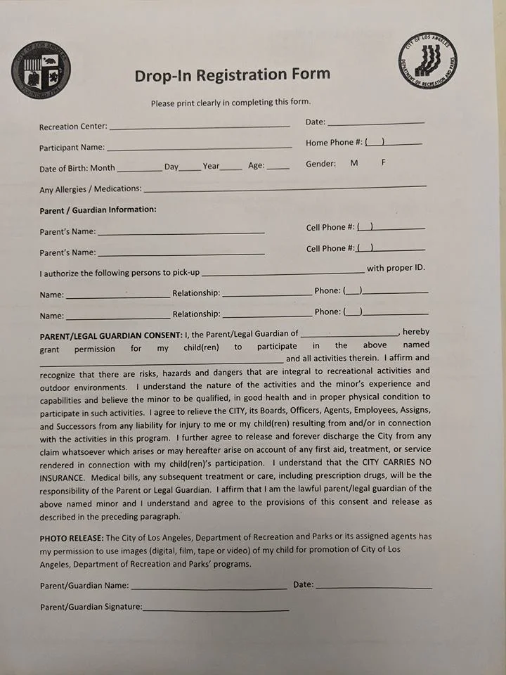 This is the parent drop in form you will need to fill out at the rec center.