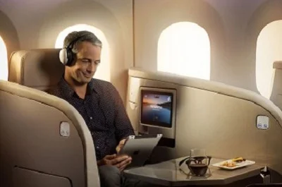 Relax in comfort while you enjoy the special features of the Business Premier seat. The seat is a luxurious 22" wide leather armchair with separate ottoman footrest that doubles as a visitor's seat. When it's time to sleep, it converts to a 6'7.5" bed with your own large cotton pillow, duvet and sleep sheet.