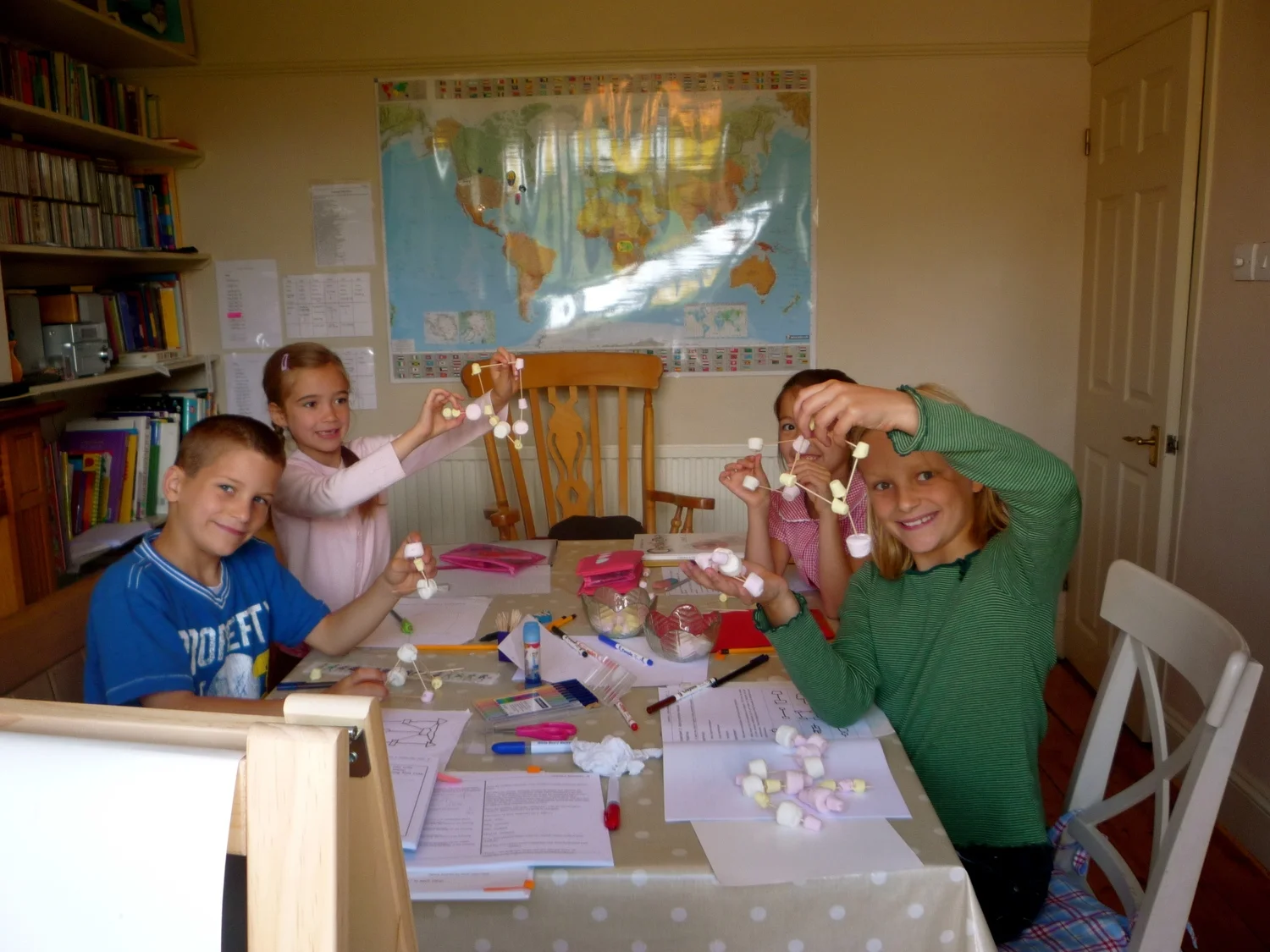 In Bristol, 2009. Marshmallow molecules the home school way, a few months before Mathilda became sick. From Left to right: Elliot, Heather-Rose, Hannah-Jane, and Liberty. Our kitchen was our classroom too. Hannah is now 14 and about to sit her chemistry GCSE. Go Hannah-Jane!