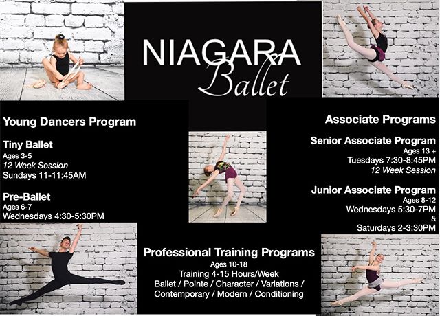 Training Programs 2019/2020 
Whether your dancer is just beginning their journey, wants to add an extra class to their training or looking to pursue a professional career. We have a program for all! 
Ages 3 + 
Register Online Today! NIAGARABALLET.COM