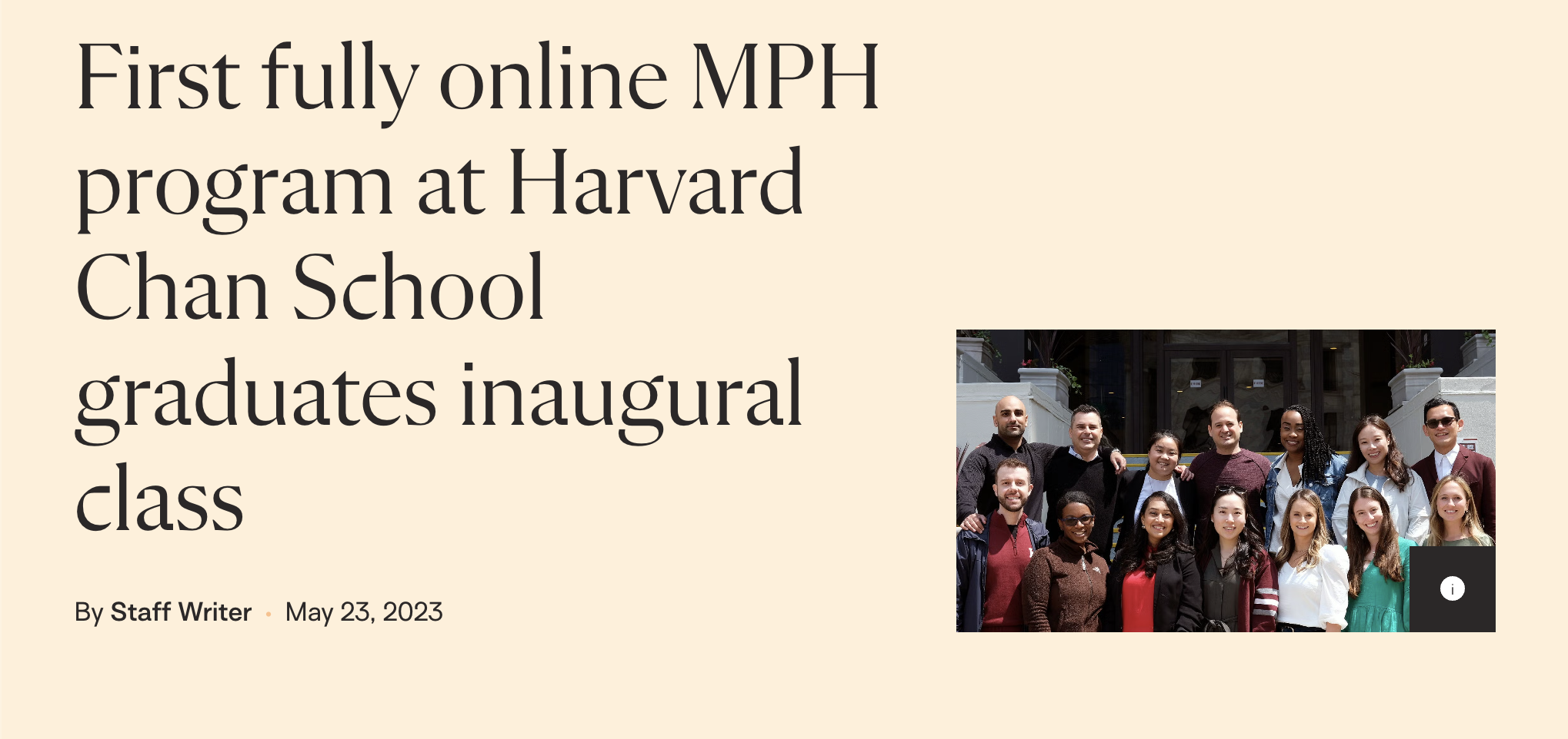 A screen shot of the headline for a story I wrote about students graduating from the School's first fully online program