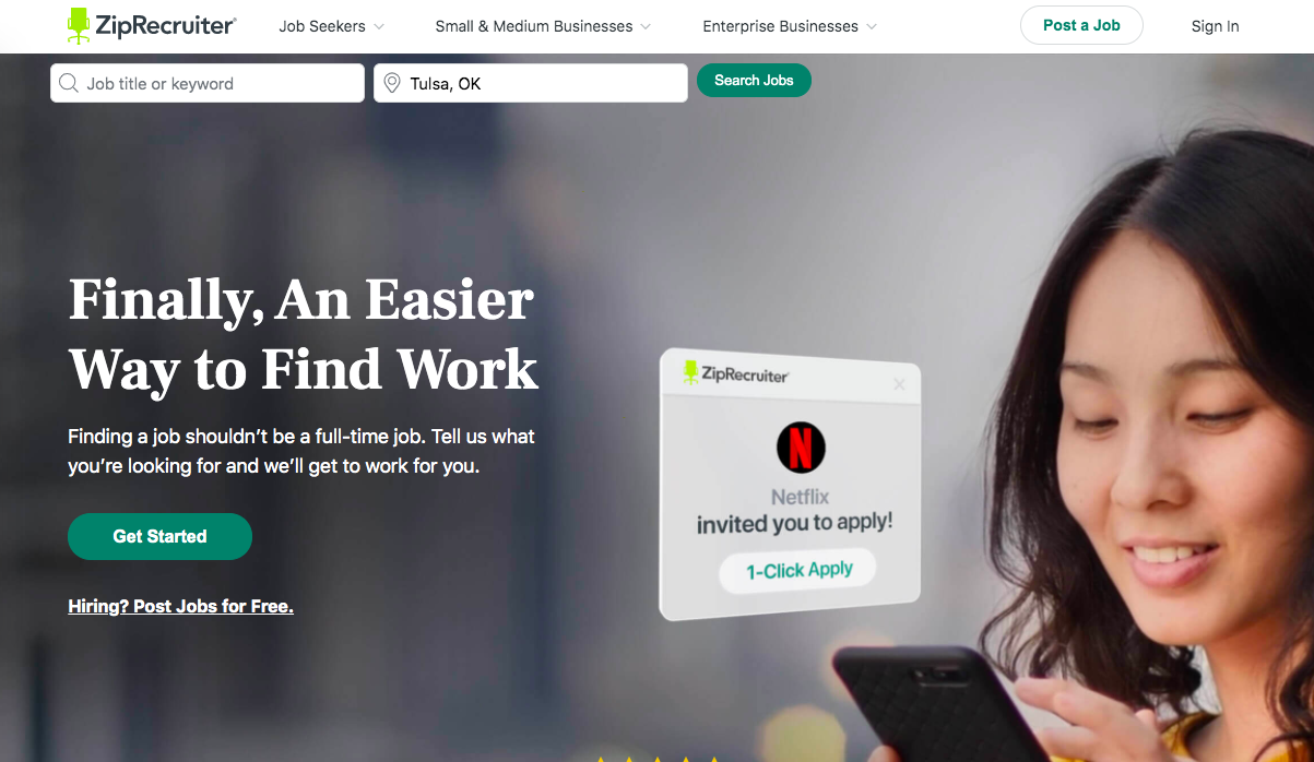 Redesigned ZipRecruiter.com homepage