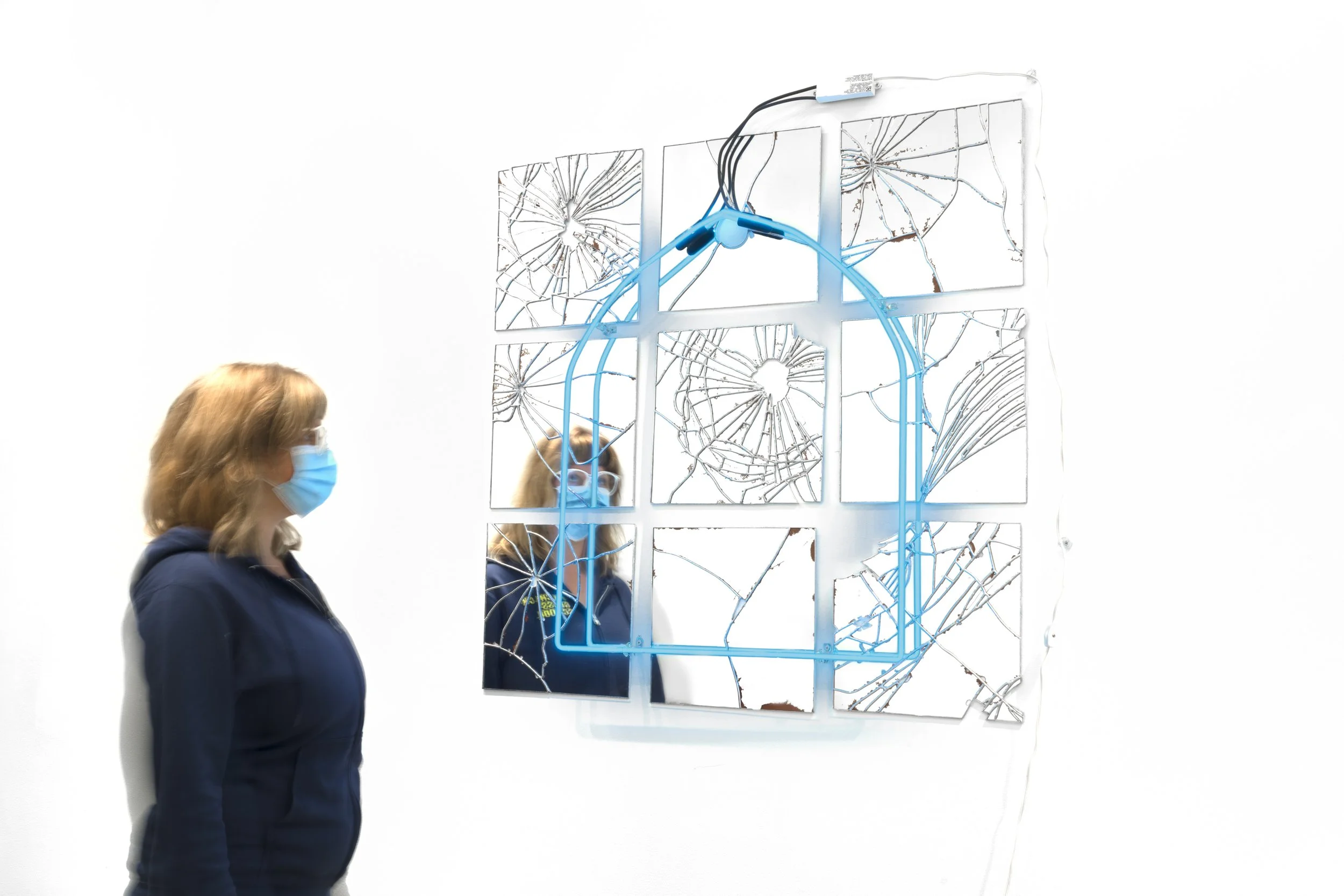  mirror, copper foil, solder, neon tubing, transformer, 36” x 36” x 2”, 2021 