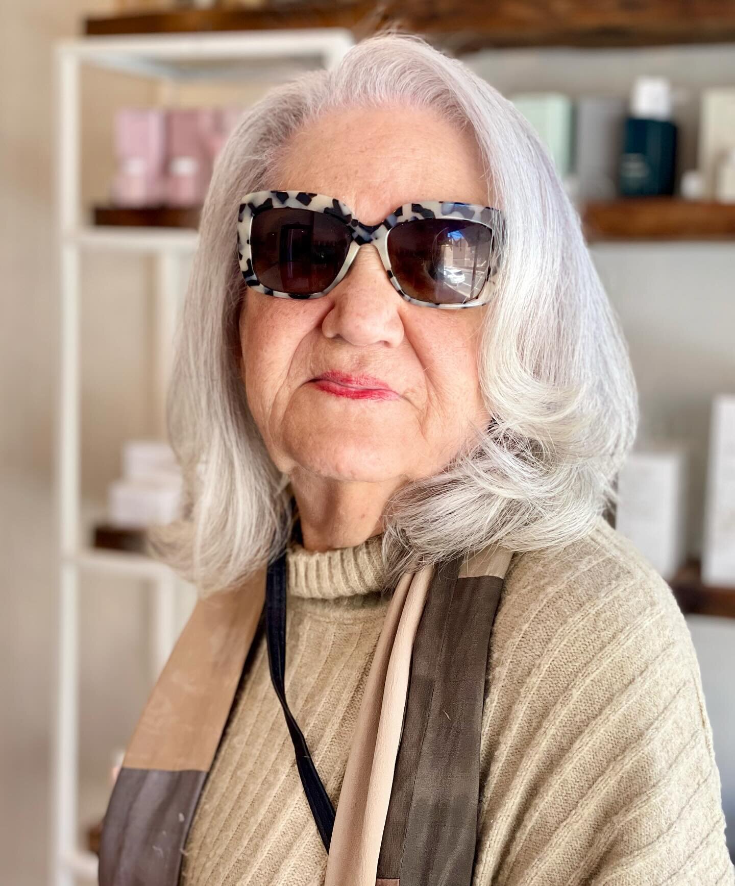 This is our friend Gene, beautiful inside and out. When Gene visits us for her blow out appointment every other week Katie keeps her natural gray hair looking soft and vibrant with Kevin Murphy Blonde Angel Wash and Treatment. 

Katie picked @sandyal