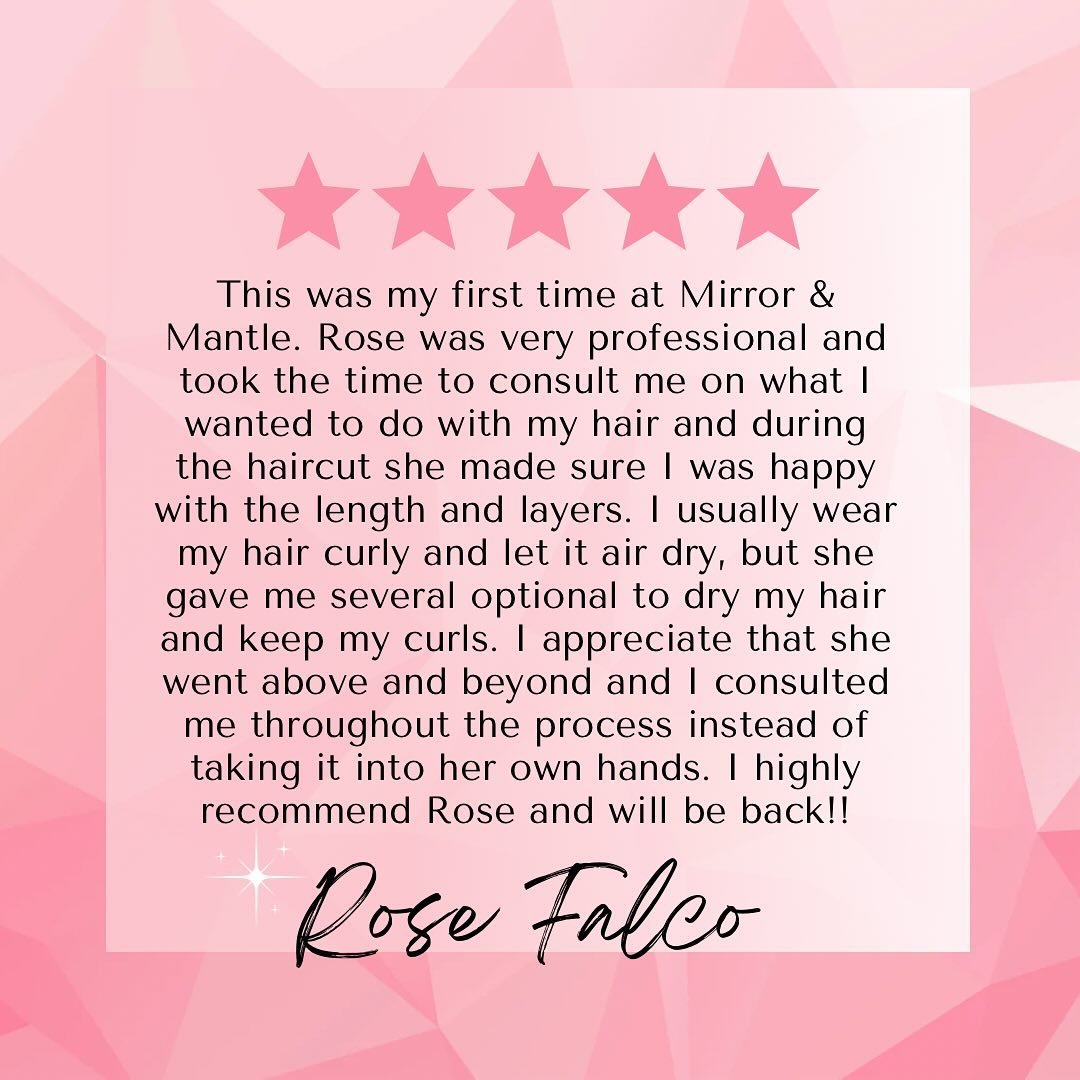 ✨Rose Falco✨ 

Your reviews are appreciated more then you can imagine. Not only does it make our week, but also helps future clients make a decision about the stylist they are going to see. 

Thank you! We have the best clients! 💖
#clientreview #cli
