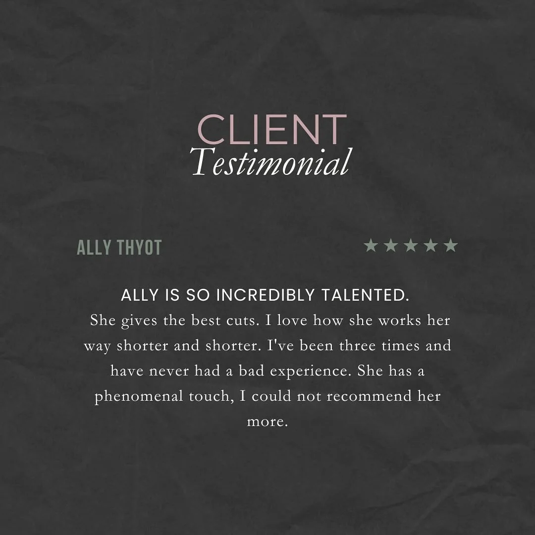 ✨Ally Thyot✨ 

Your reviews are appreciated more then you can imagine. Not only does it make our week, but also helps future clients make a decision about the stylist they are going to see. 

Thank you! We have the best clients. 💕
@allymirrorandmant