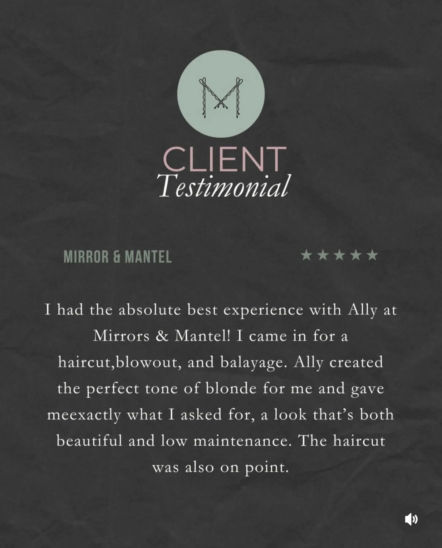 ALLY

When you take the time to write a review for your Stylist and for Mirror &amp; Mantel you are doing something bigger then just sharing your experience. 

Reviews are usually the deciding factor for a new client to give us a try. So thank you SO
