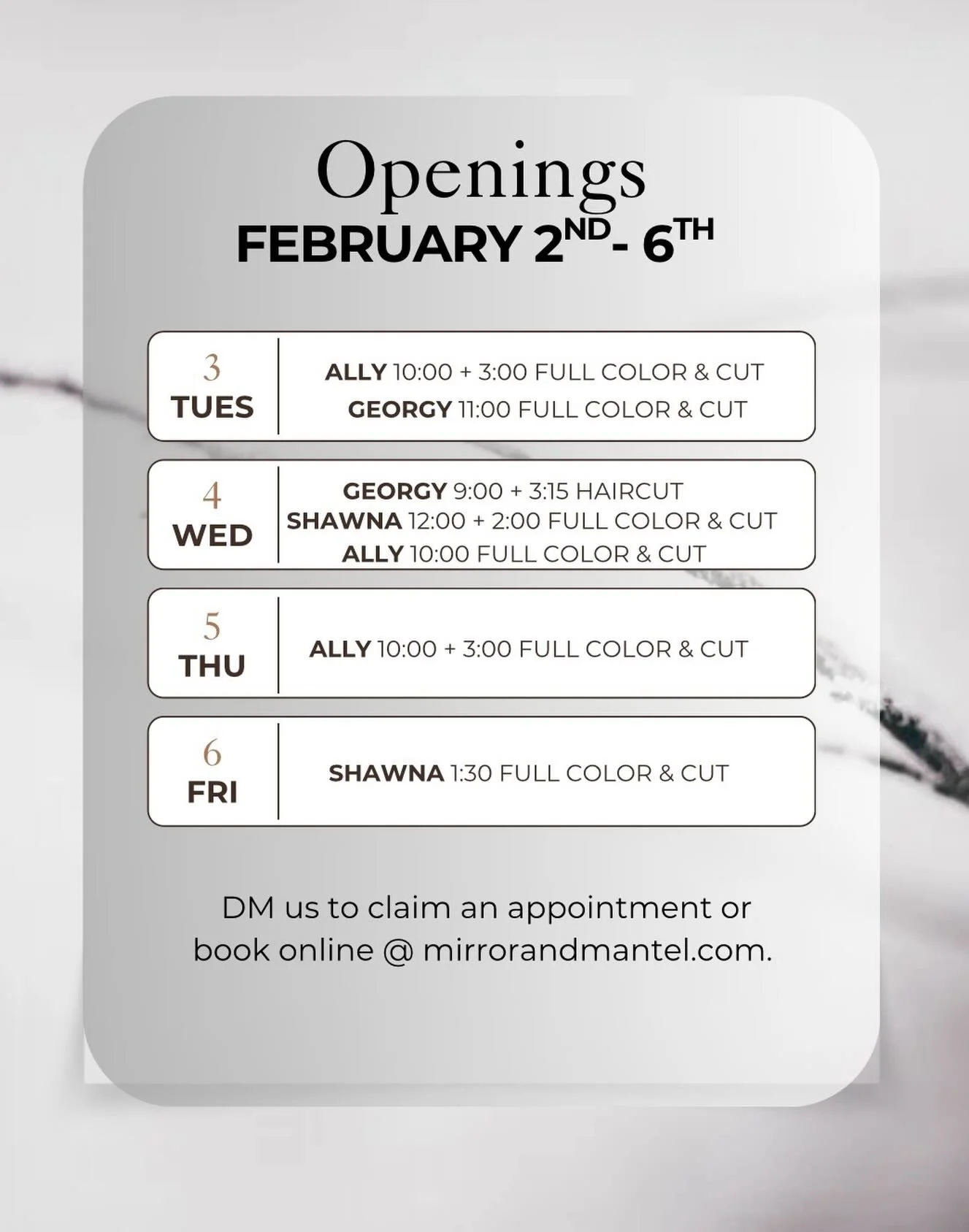 If you are looking for a transformative color appointment to warm you up this week Ally &amp; Shawna had some larger openings come in. They are the best!🤍