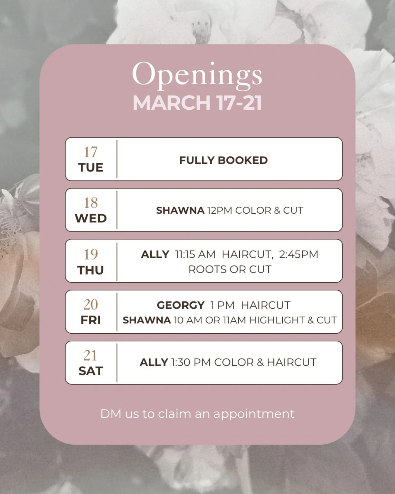 Only a few openings for this week! Give us a call and we can get you scheduled!