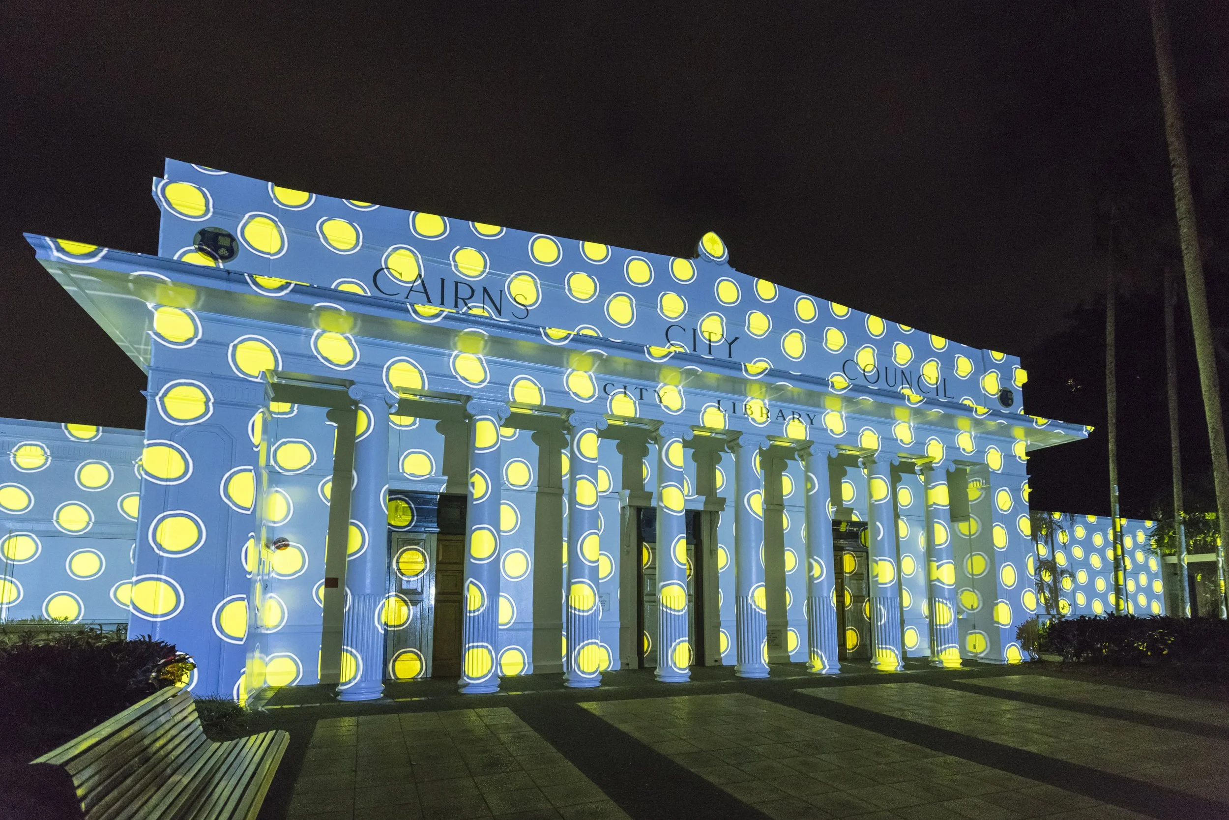  Photography of City Lights projection at Cairns City Library - part of the 2022 Cairns Festival, Aug-Sep 2022. 