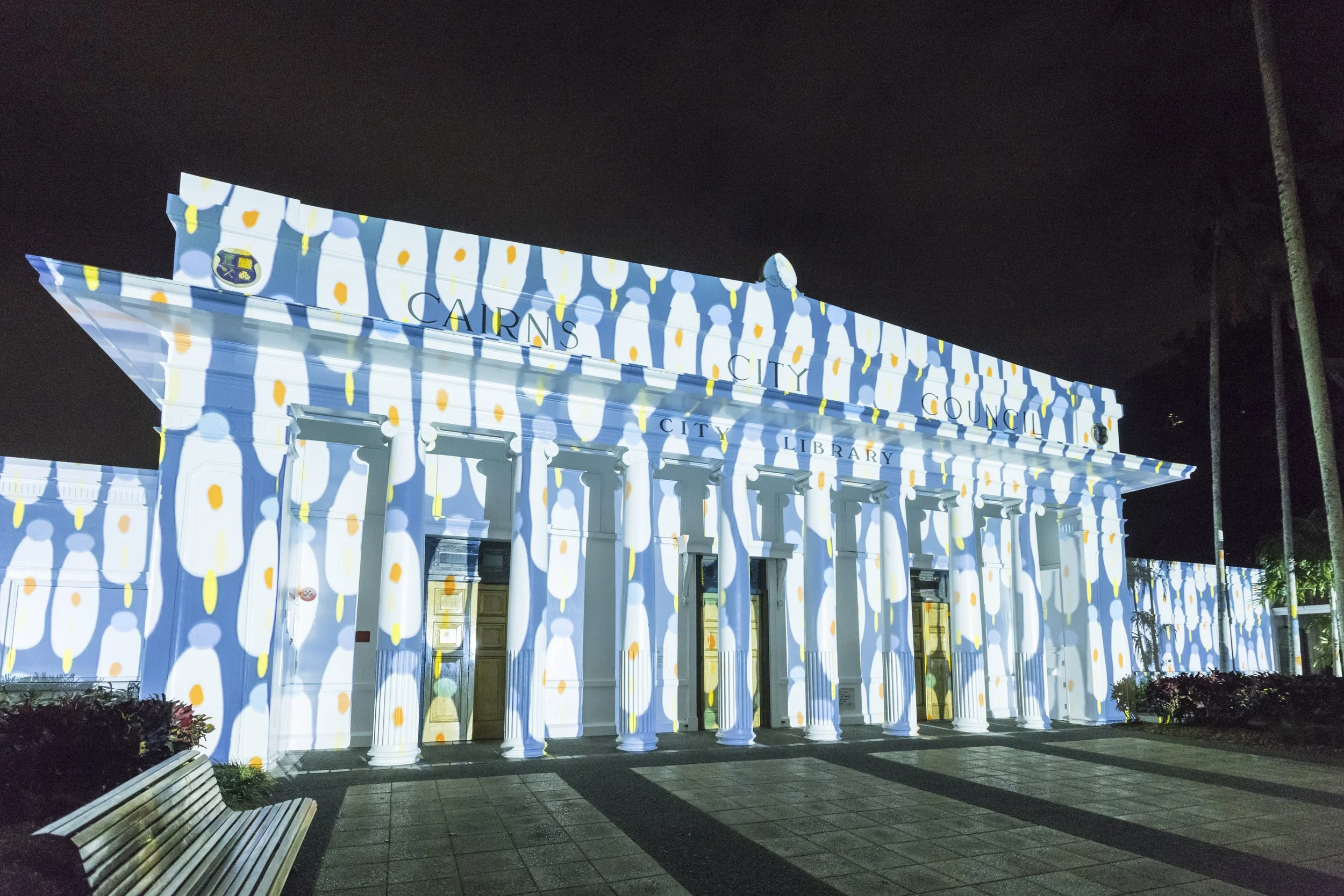  Photography of City Lights projection at Cairns City Library - part of the 2022 Cairns Festival, Aug-Sep 2022. 