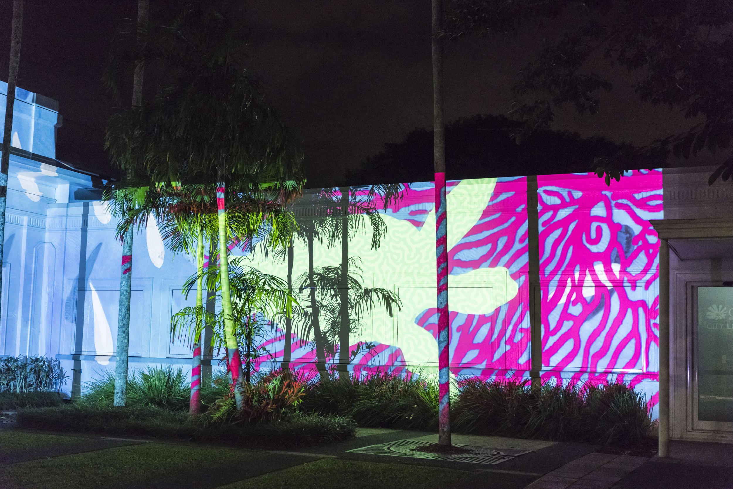  Photography of City Lights projection at Cairns City Library - part of the 2022 Cairns Festival, Aug-Sep 2022. 