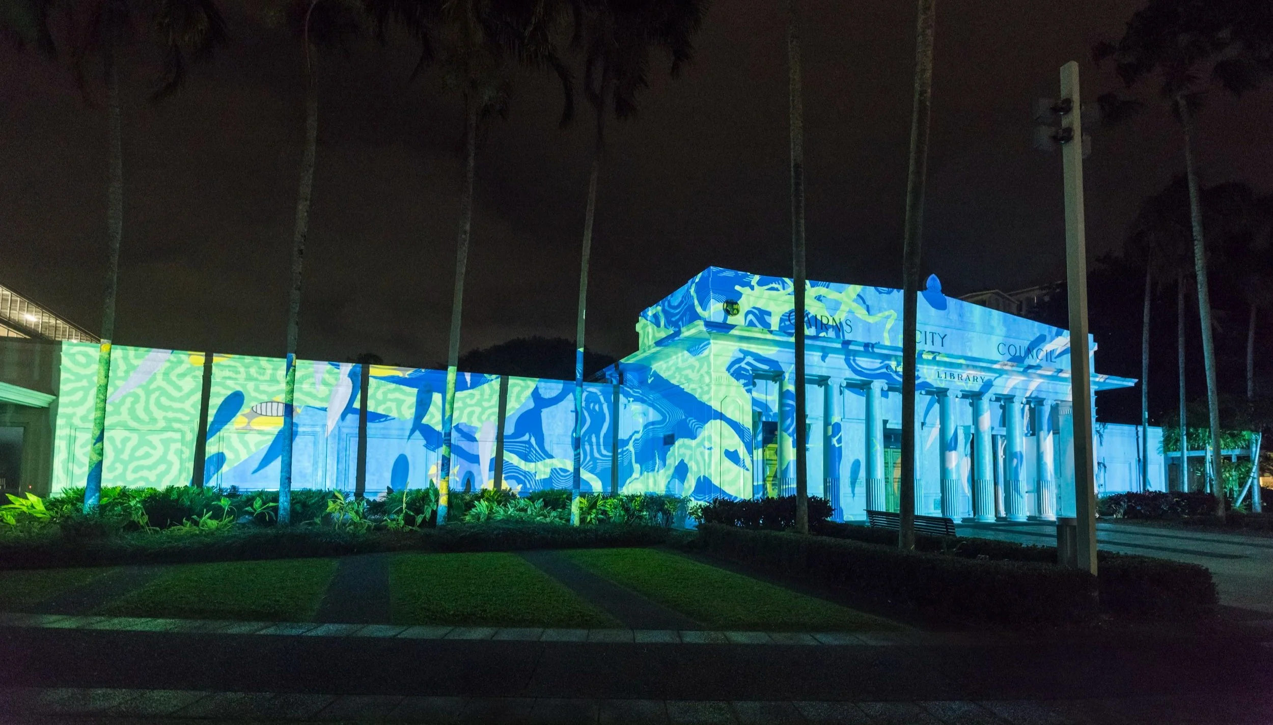  Photography of City Lights projection at Cairns City Library - part of the 2022 Cairns Festival, Aug-Sep 2022. 