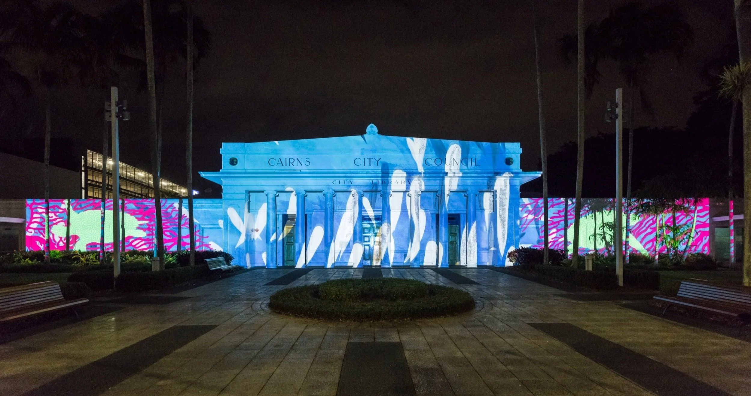  Photography of City Lights projection at Cairns City Library - part of the 2022 Cairns Festival, Aug-Sep 2022. 