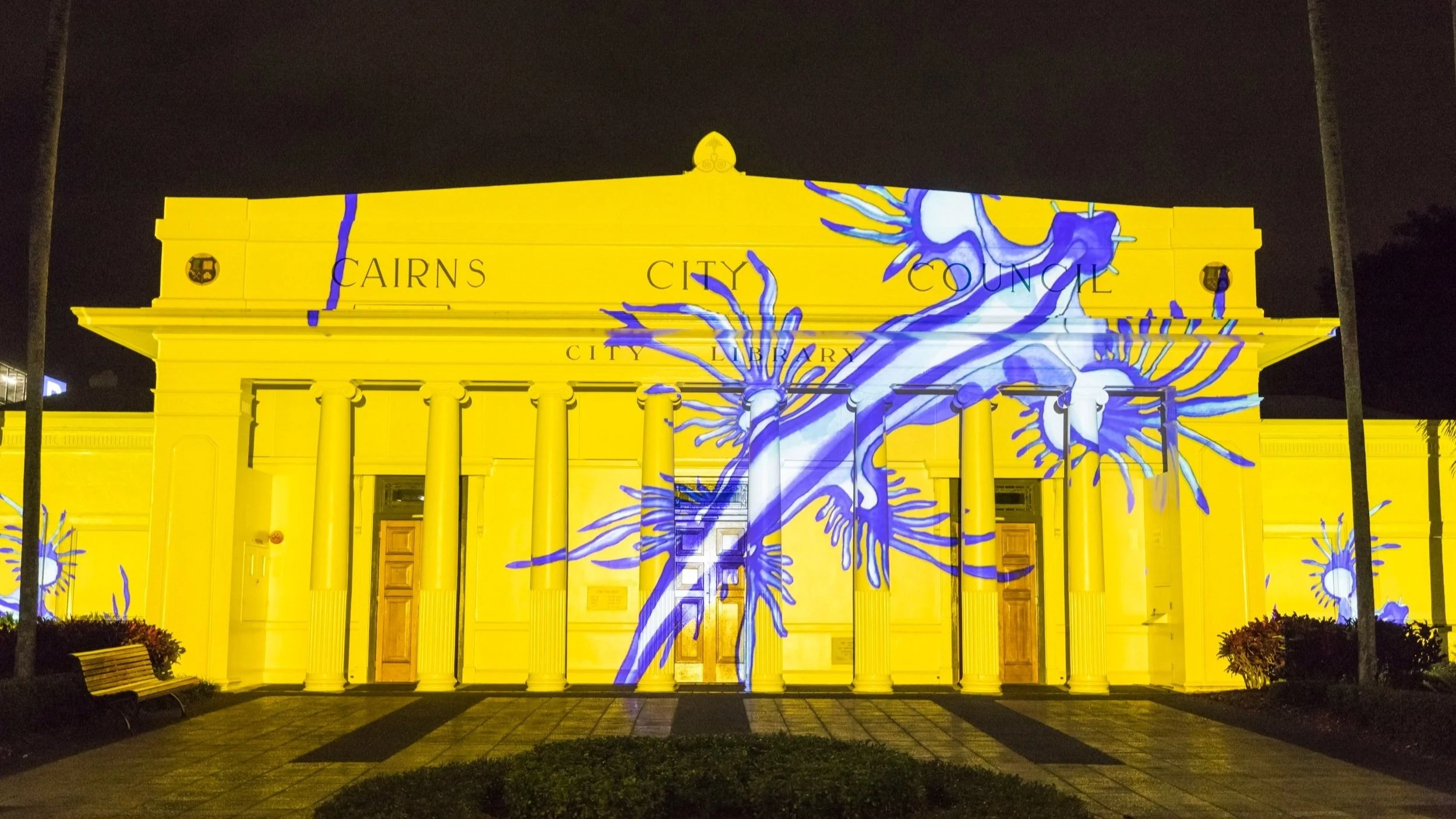  Photography of City Lights projection at Cairns City Library - part of the 2022 Cairns Festival, Aug-Sep 2022. 