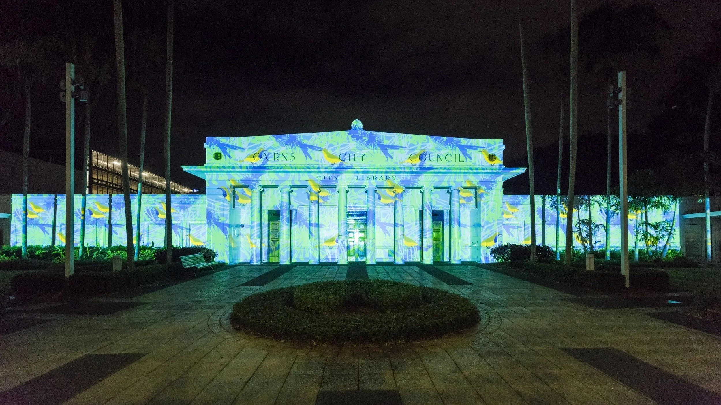  Photography of City Lights projection at Cairns City Library - part of the 2022 Cairns Festival, Aug-Sep 2022. 
