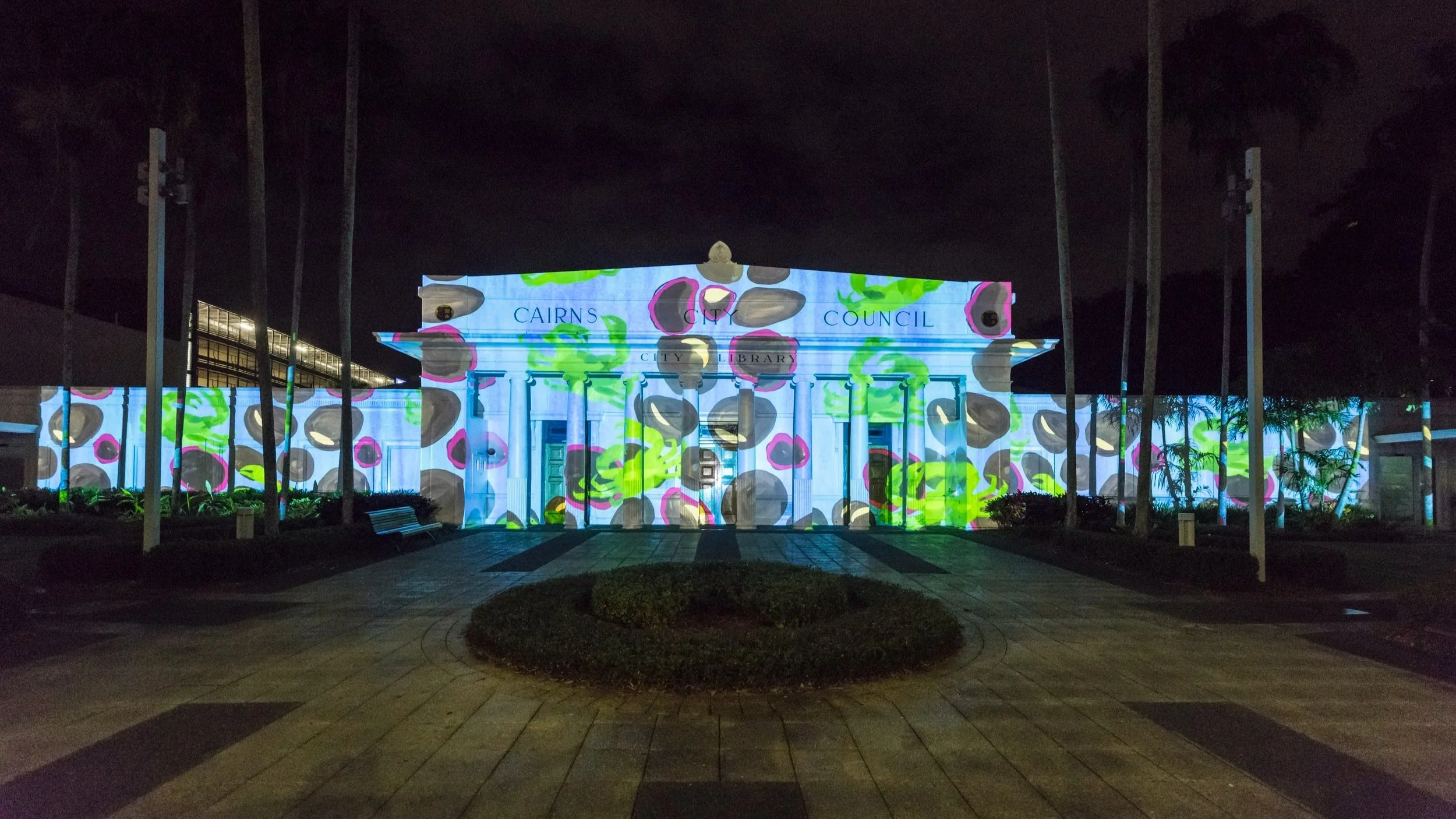  Photography of City Lights projection at Cairns City Library - part of the 2022 Cairns Festival, Aug-Sep 2022. 