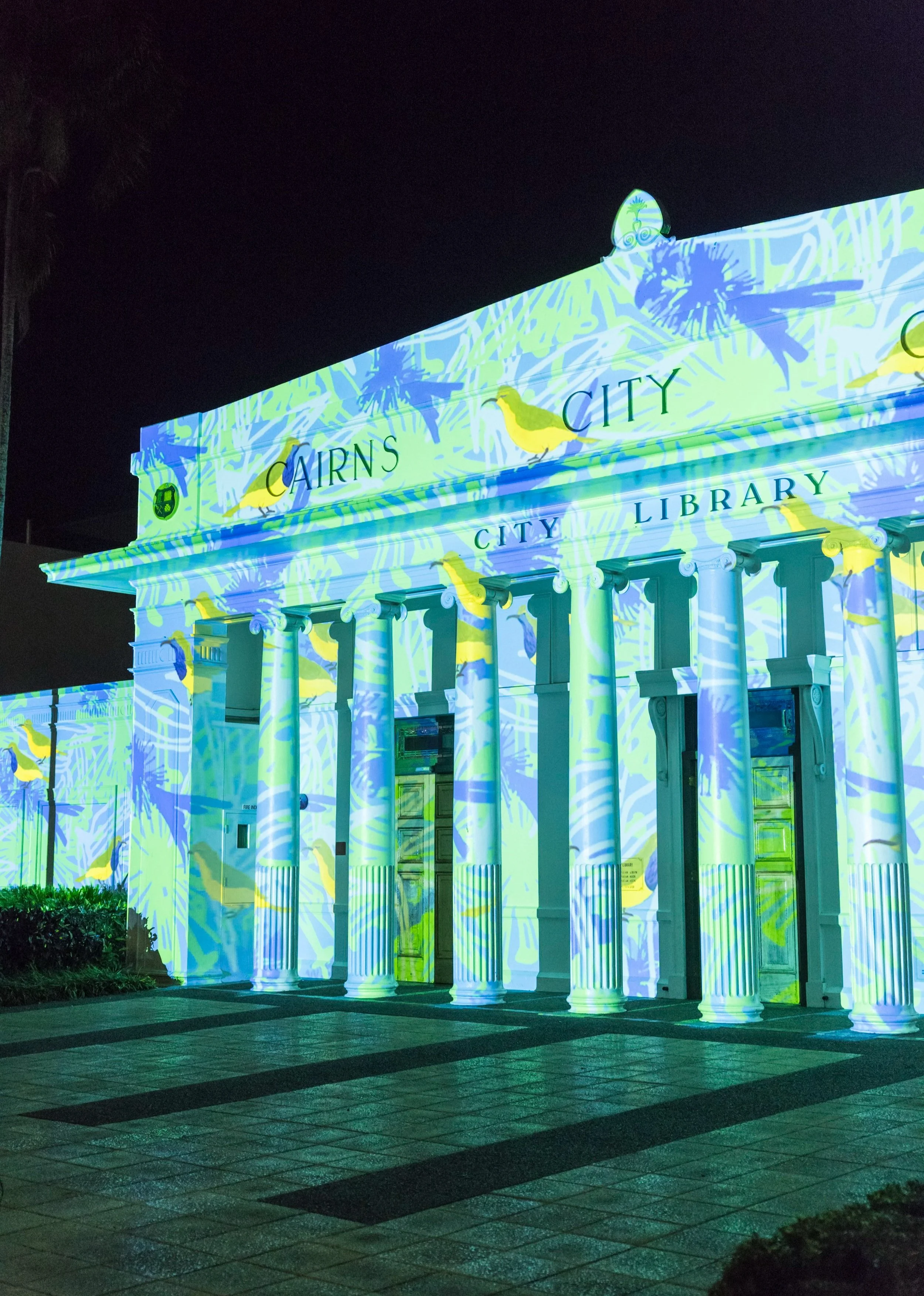  Photography of City Lights projection at Cairns City Library - part of the 2022 Cairns Festival, Aug-Sep 2022. 
