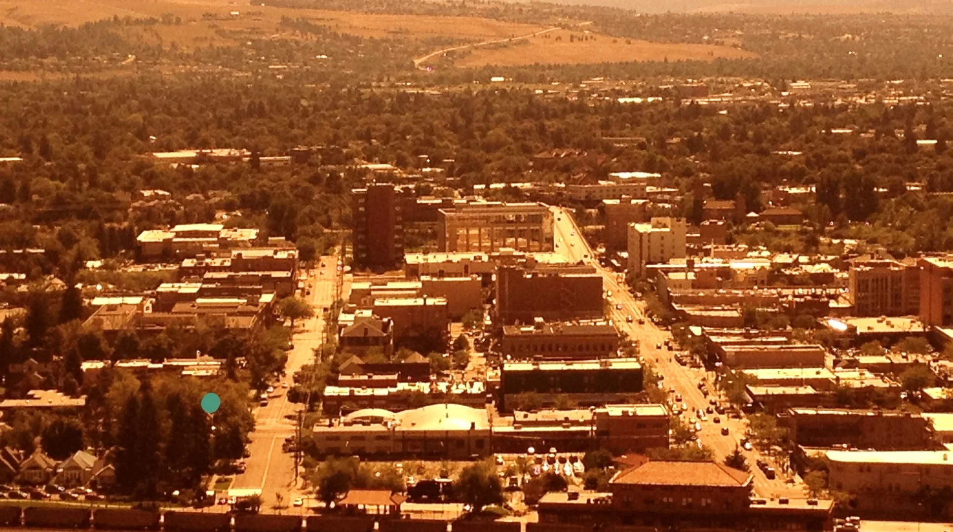 A neighborly view taken from Waterworks Trailhead, looking southeast, down towards the Clark Fork River along Pattee St. & Higgins Ave.