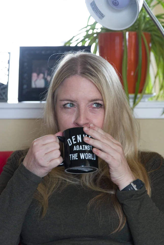 Carolyn sharing coffee rites in her writing loft.