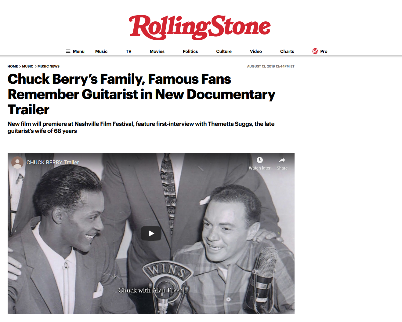 Rolling Stone announce release of new Chuck Berry Documentary Trailer