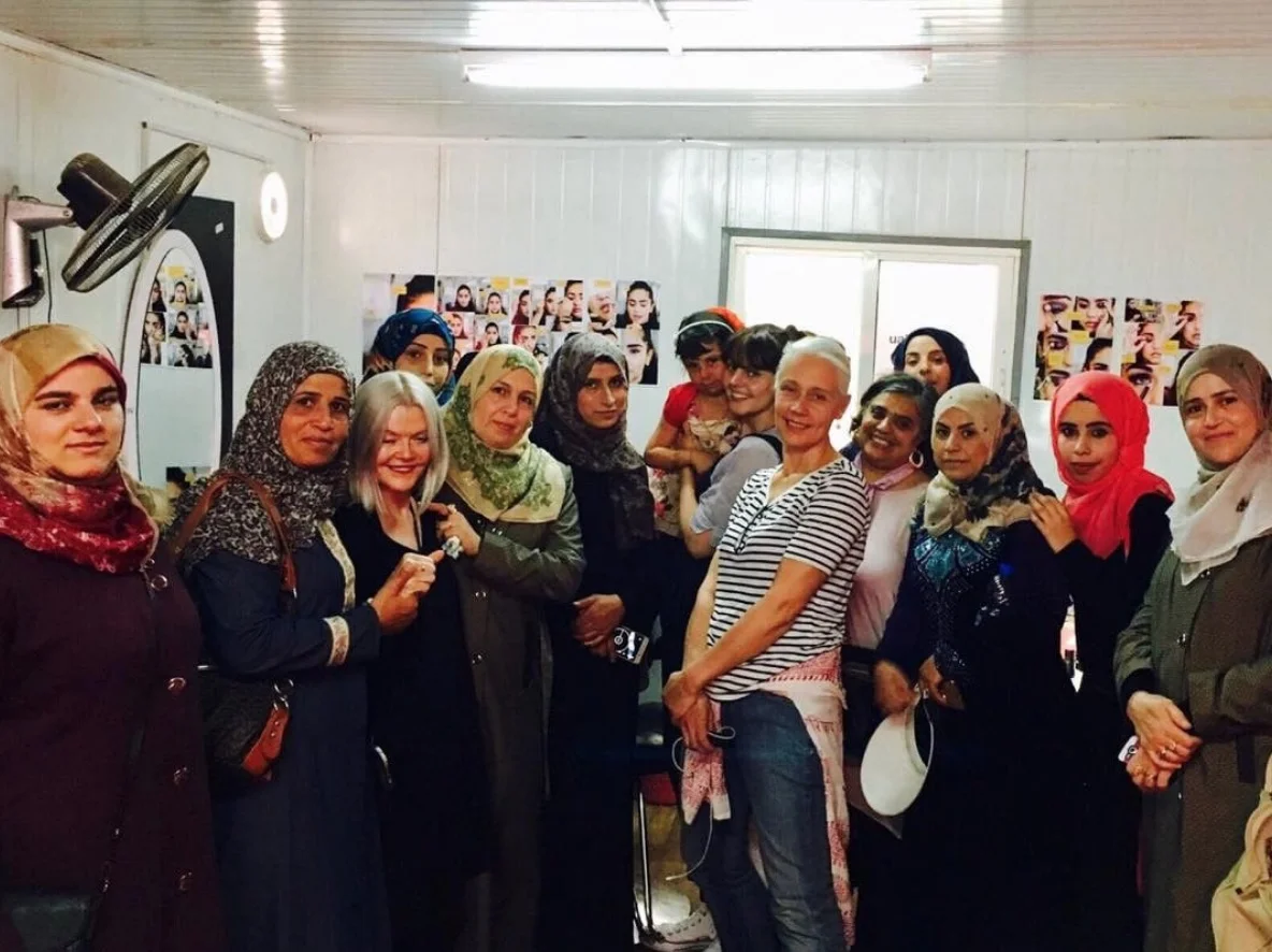 Storey and students at one of the short beauty courses provided by London College of Fashion in the Za’atari Camp. Picture: LCF.