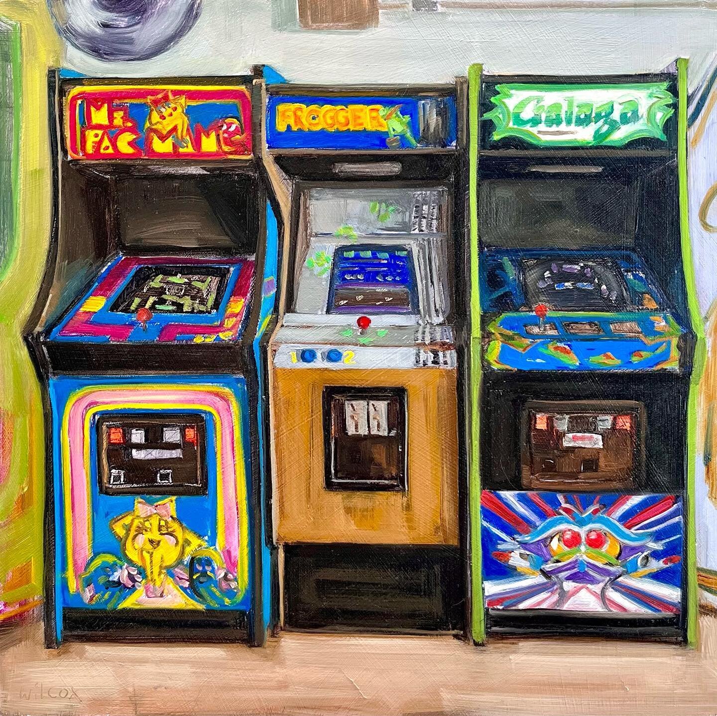 Frogger was always my favorite. 🐸 The Perfect Lineup | 12&rdquo;x12&rdquo; | Oil on panel 👾🐸👾 #vintagearcade #frogger #iplaywinner