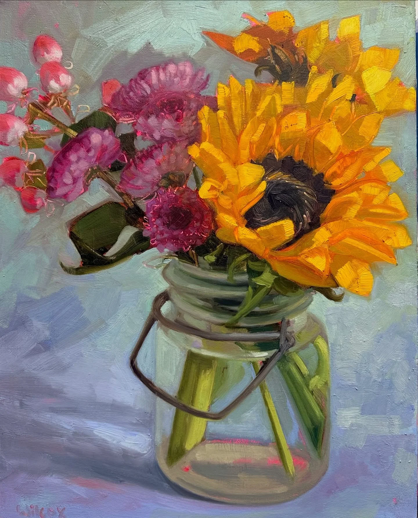 Sunflowers!! I&rsquo;ve been working on a few of these lately. I&rsquo;m planning on having a group of them available during Amesbury Open Studios on Nov. 8th &amp; 9th. This one is the biggest of the bunch so far. 20&rdquo;x16&rdquo;, oil on canvas.