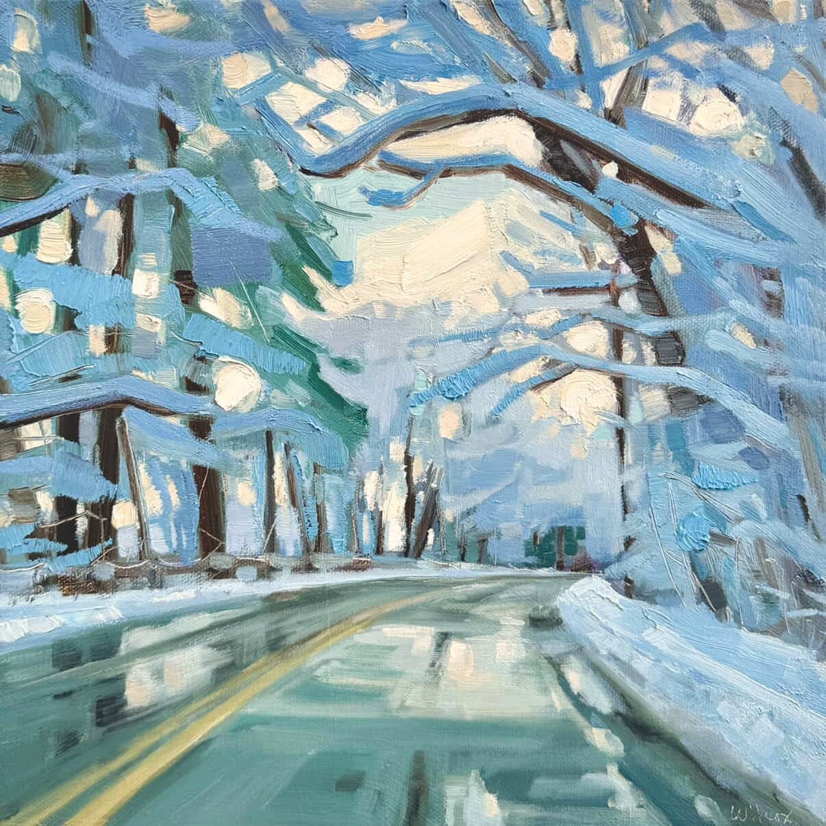Sorry the world sucks right now. Here&rsquo;s a pretty picture to distract you for a moment. Snowy Drive | 12&rdquo;x12&rdquo; | Oil on canvas. ❄️ 
.
.
.
#snowdrive #newengland #oilpainting #winterart #wilcoxstudio