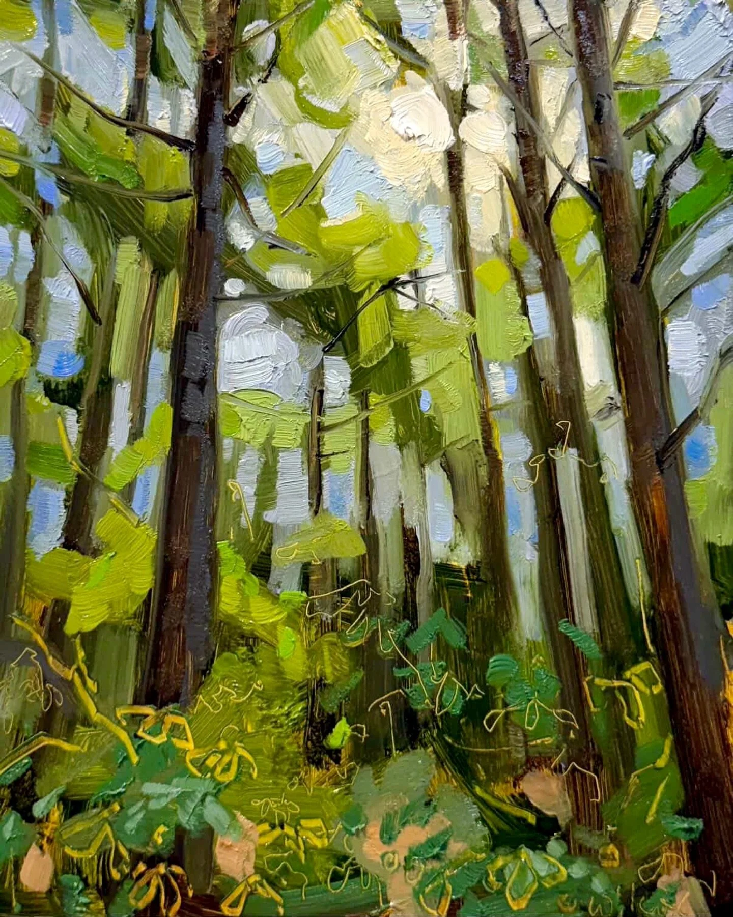 I just wanted to interrupt our regularly scheduled programming of never ending snow with this little painting of some green trees and blue sky. 🌳 Through the Trees |  10&rdquo;x8&rdquo; | Oil on wood panel.  Available in my shop (link in profile.)