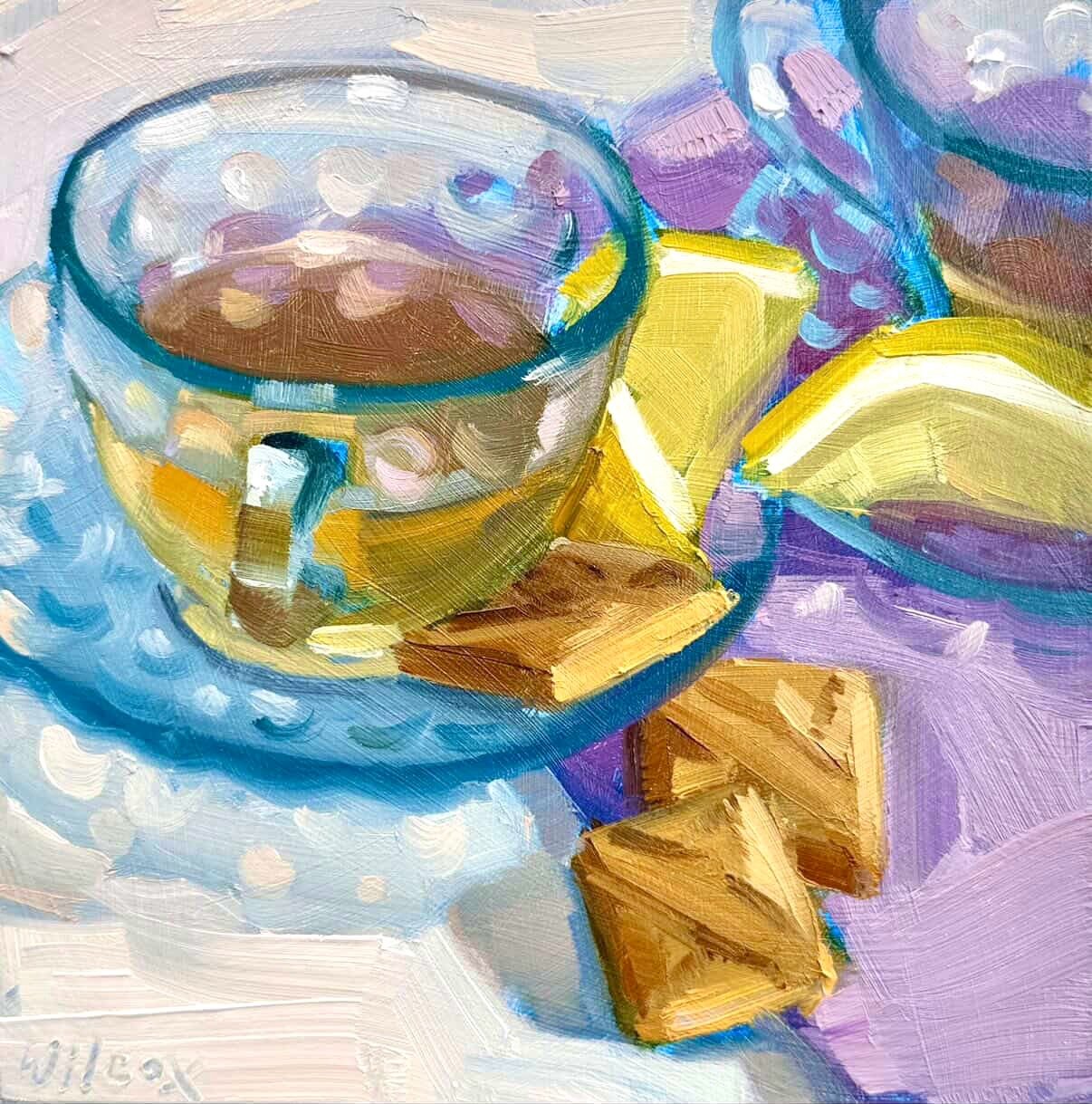 A little still life setup for today. The best part about setting up still lifes with food in them is that I get to eat the cookies when I&rsquo;m done! 😋 I&rsquo;m working on a bunch of new littles for the Melrose Art Festival next month in Melrose,