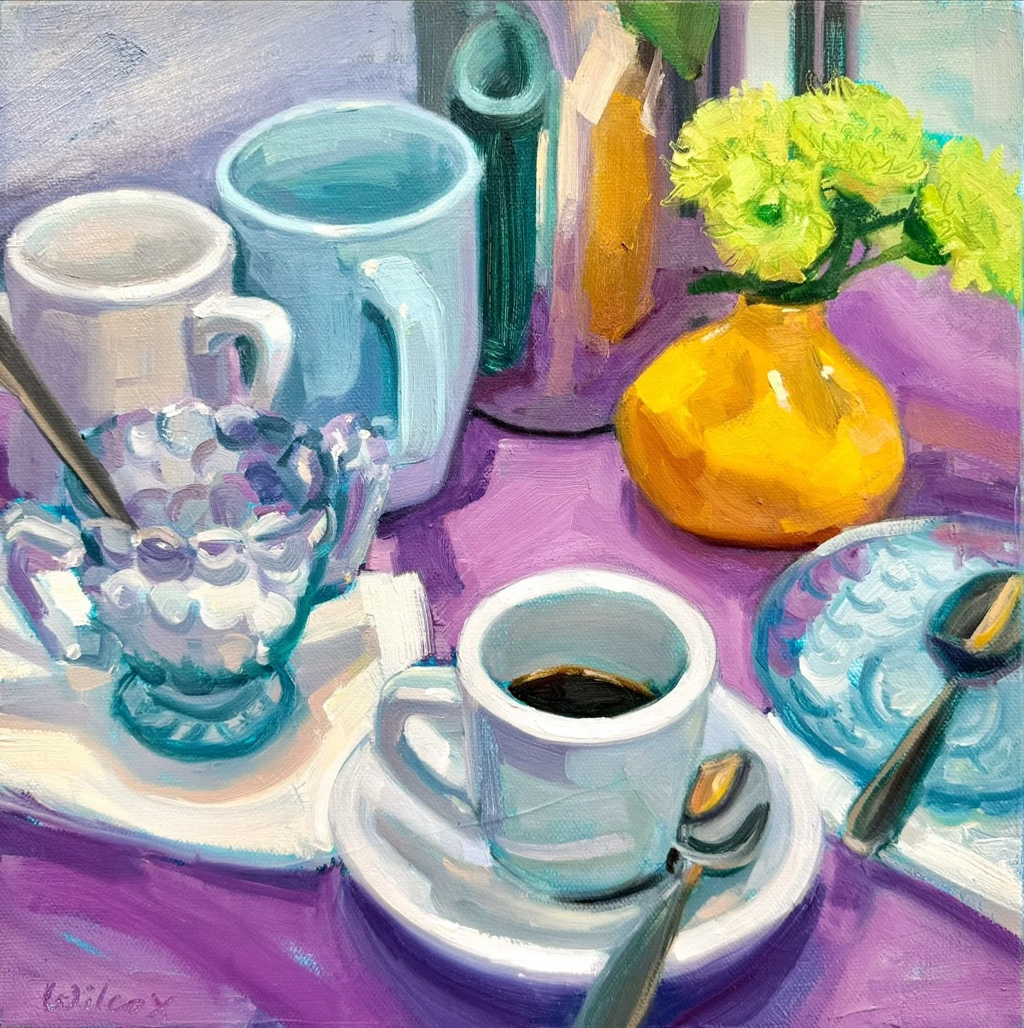 Playing around with color and cups today. I&rsquo;ll be showing this and more at The Melrose Arts Festival at the end of the month! April 25th and 26th in Melrose Ma. ☕️ Sunday Morning, 12&rdquo;x12&rdquo;, Oil on canvas.