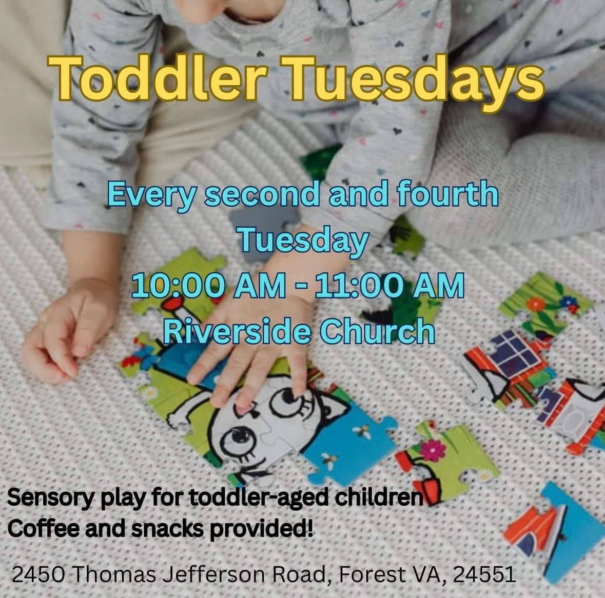 Toddler Tuesdays

Sensory play for toddler-aged children. Every second and fourth Tuesday from 10-11 AM. Parents, come and bring your toddlers and enjoy some fellowship, coffee, and snacks.

Join us tomorrow, March 10th at 10am at Riverside!