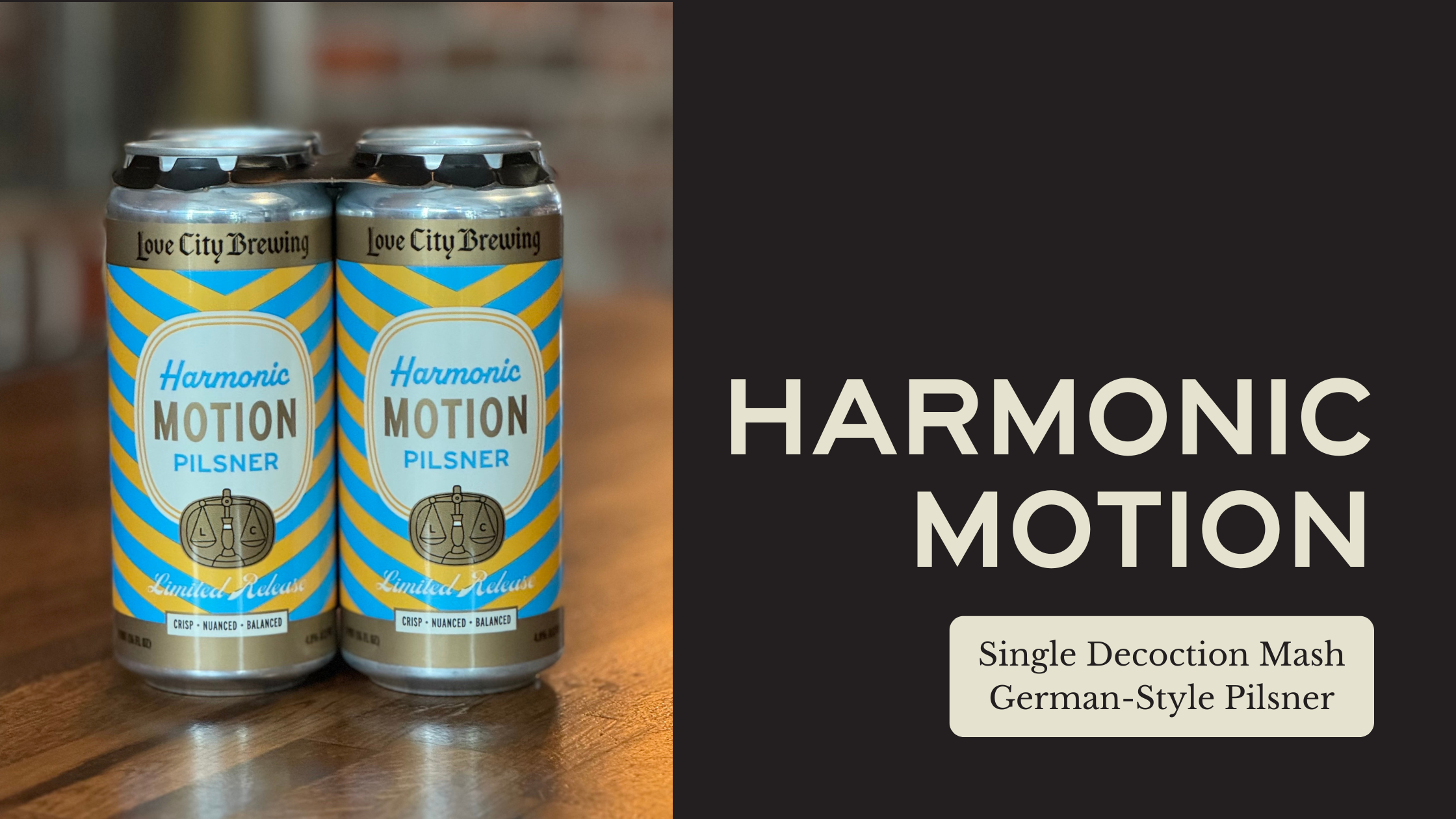  Harmonic Motion is a German-inspired pilsner brewed with malt from Rabbit Hill Malt in New Jersey and German hops. We brewed this beer using a traditional single decoction mash which adds more nuanced malt flavor. This beer is reminiscent of lightly